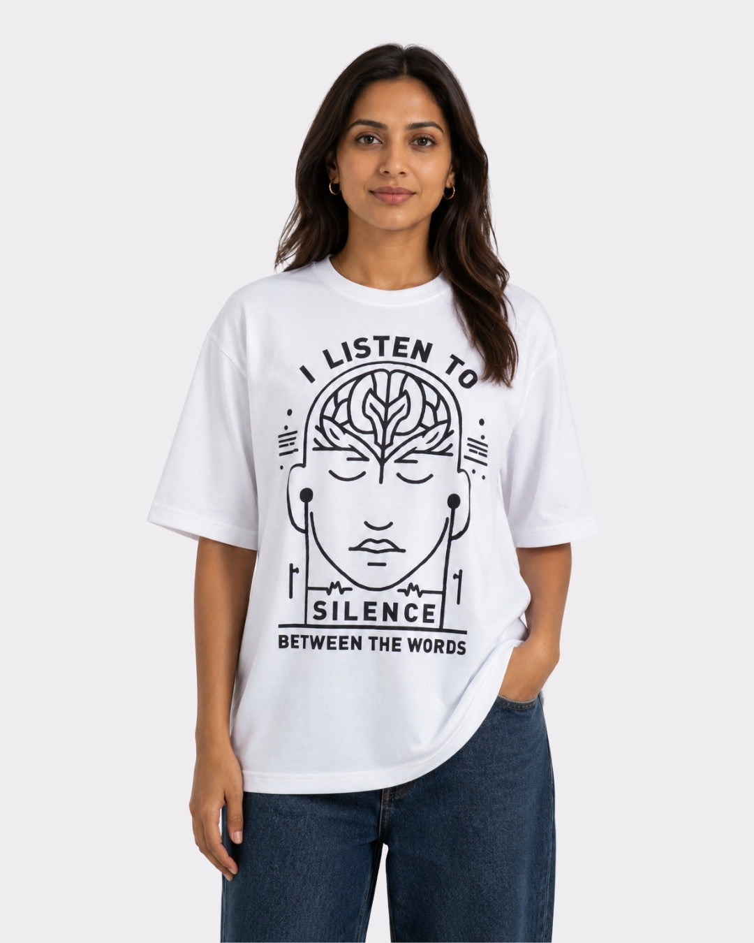 Psychiatrist Oversized T-shirt For Women white with brain graphic and I listen to silence text