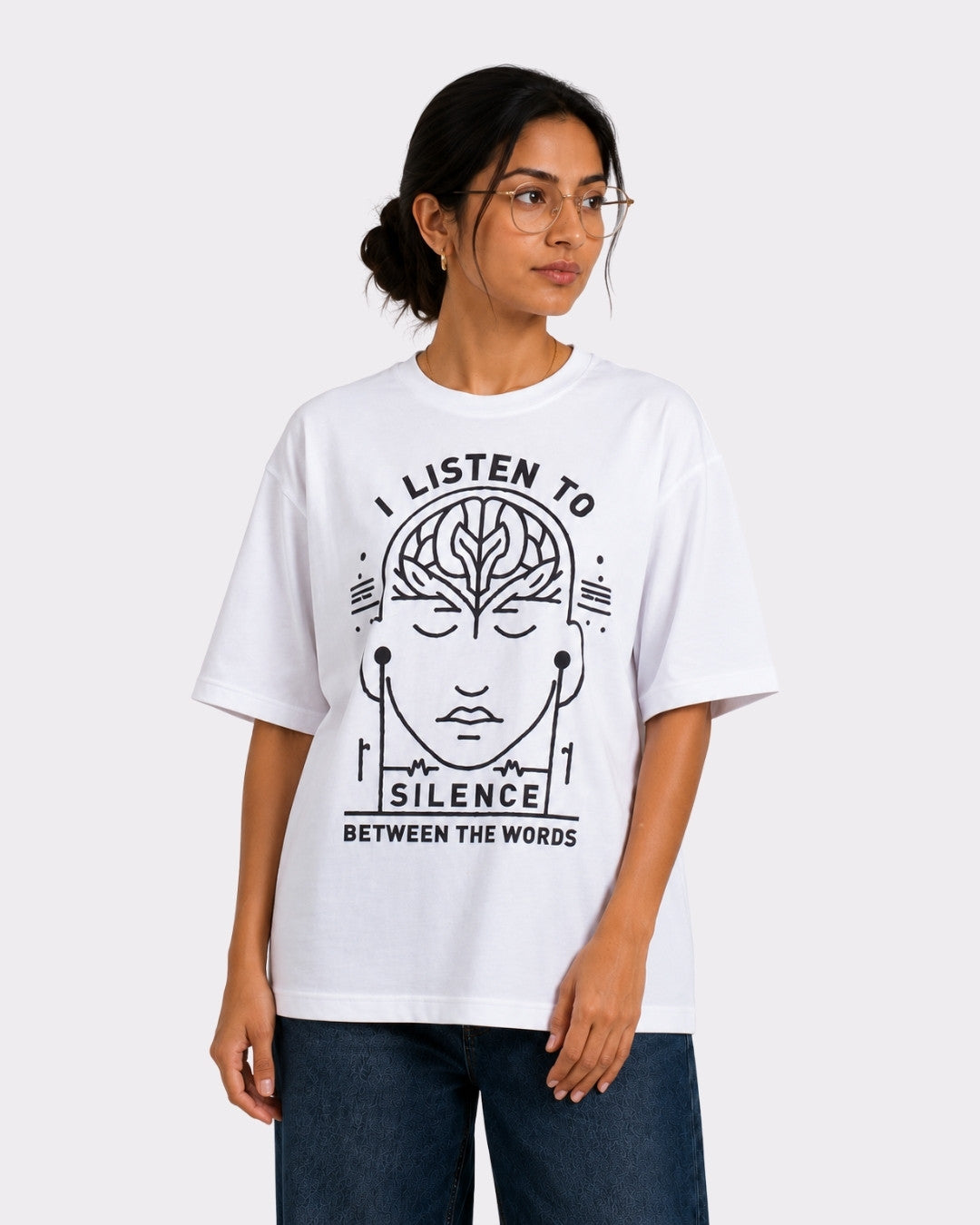Psychiatrist Oversized T-shirt For Women white with I listen to silence graphic worn by model