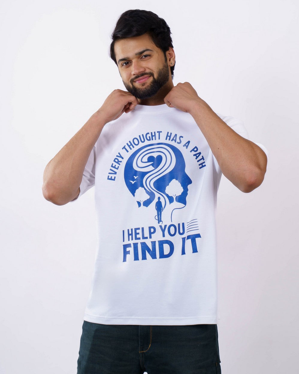 Psychiatrist Quote Tshirt For Men white oversized fit t-shirt with blue graphic and text I help you find it