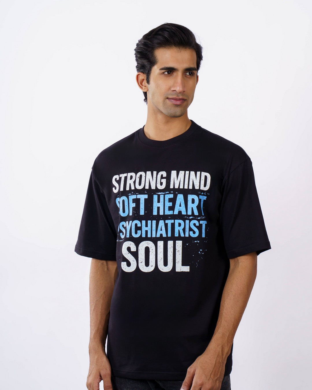Oversized fit Psychiatrist T-shirt For Men in black with strong mind soft heart design