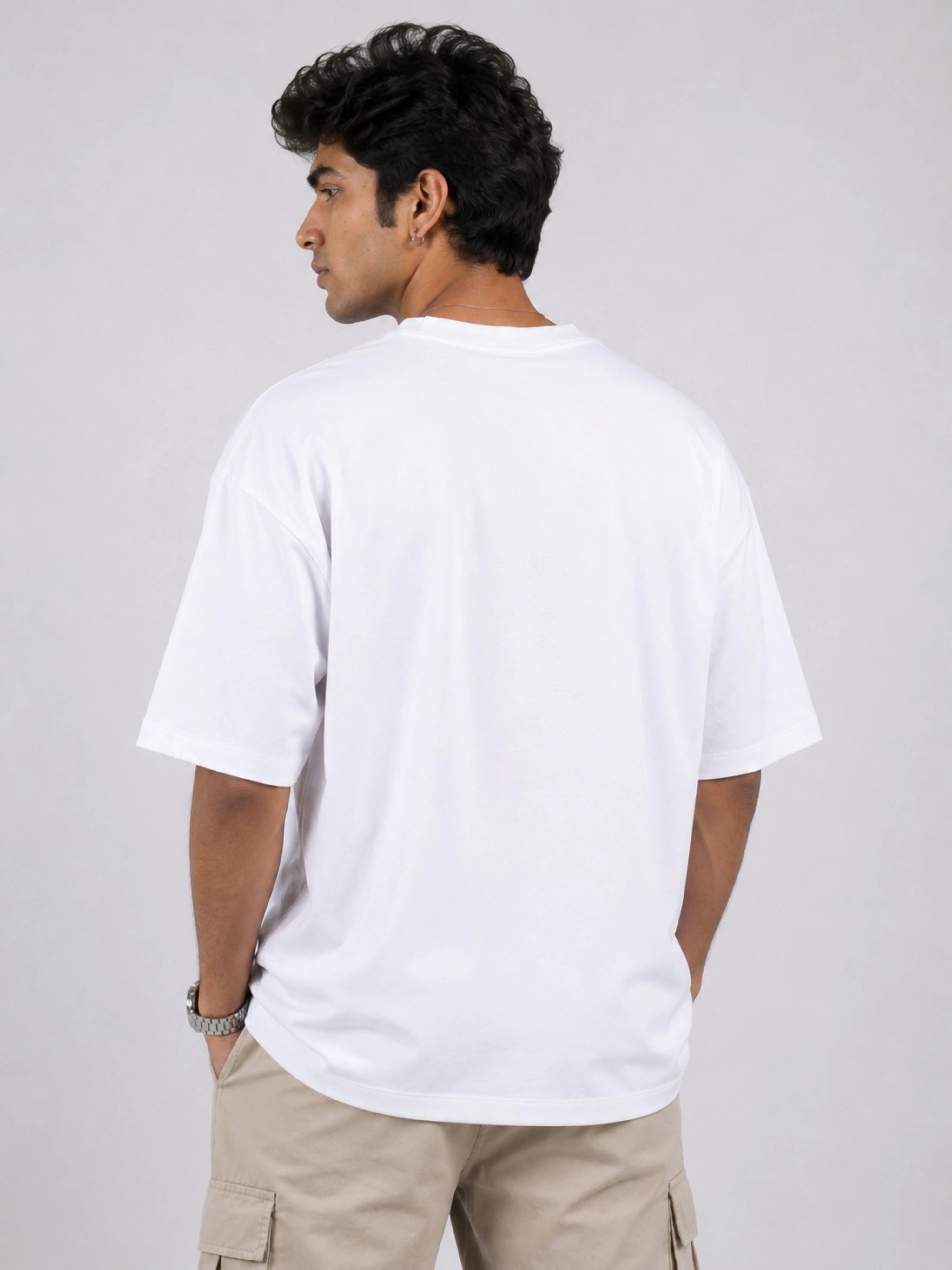 Oversized fit white Tshirt from Bandar Baant Collections worn by man showing back view Psychiatrist Trendy T-shirt For Men