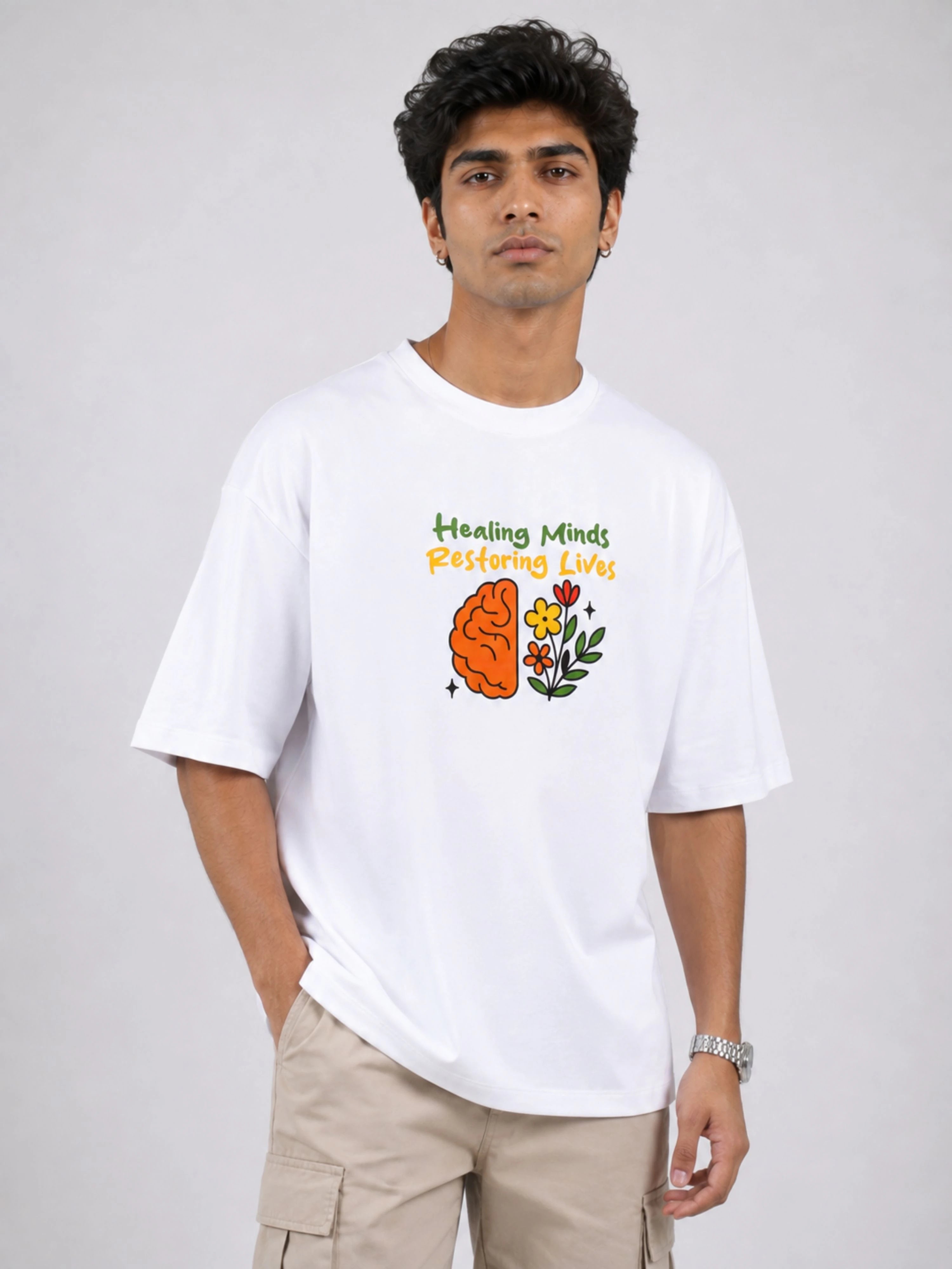 Psychiatrist Trendy T-shirt For Men oversized fit white tee with healing minds graphic print