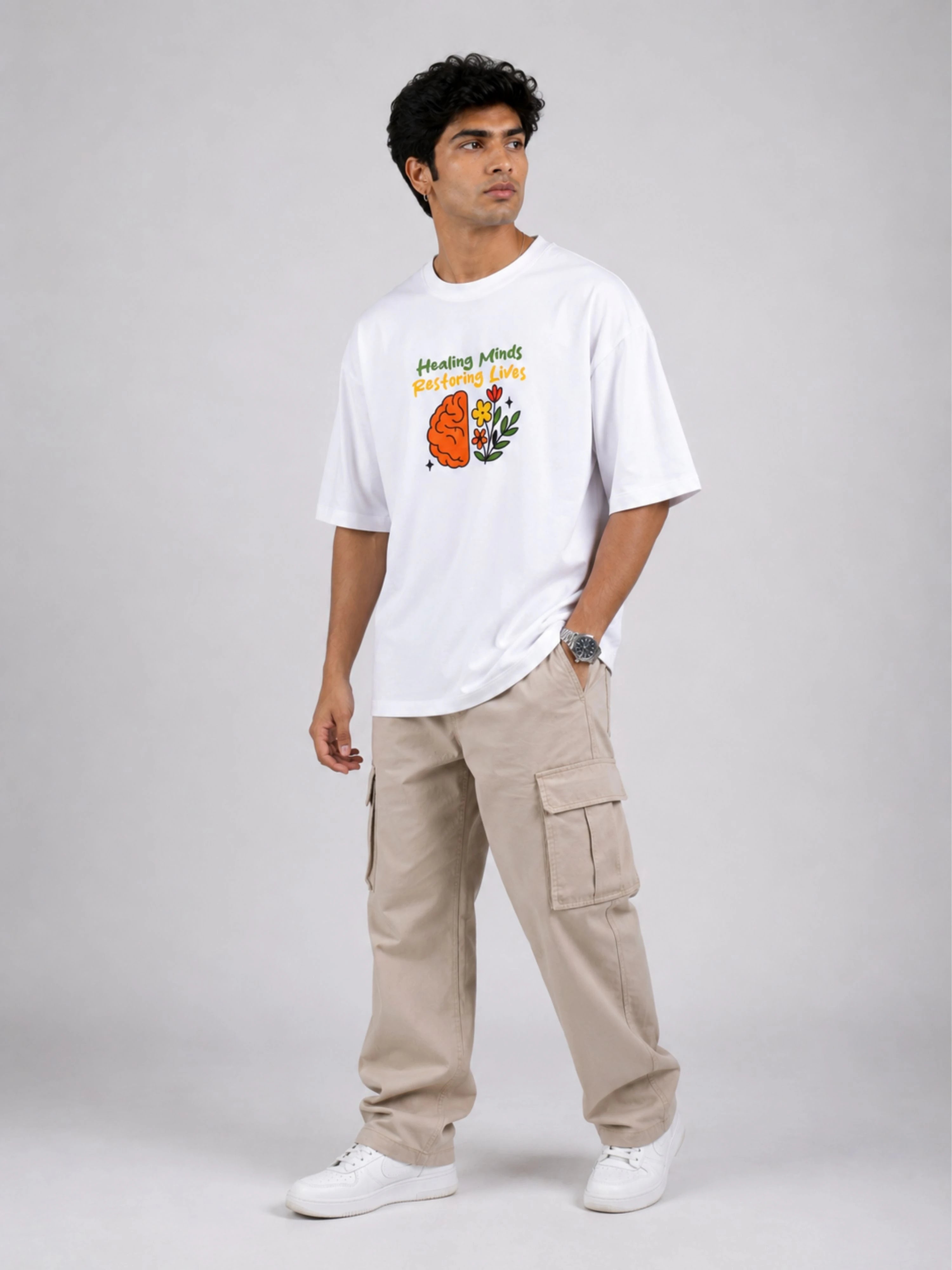 Psychiatrist Trendy T-shirt For Men oversized fit white tshirt with brain and flower graphic by Bandar Baant Collections