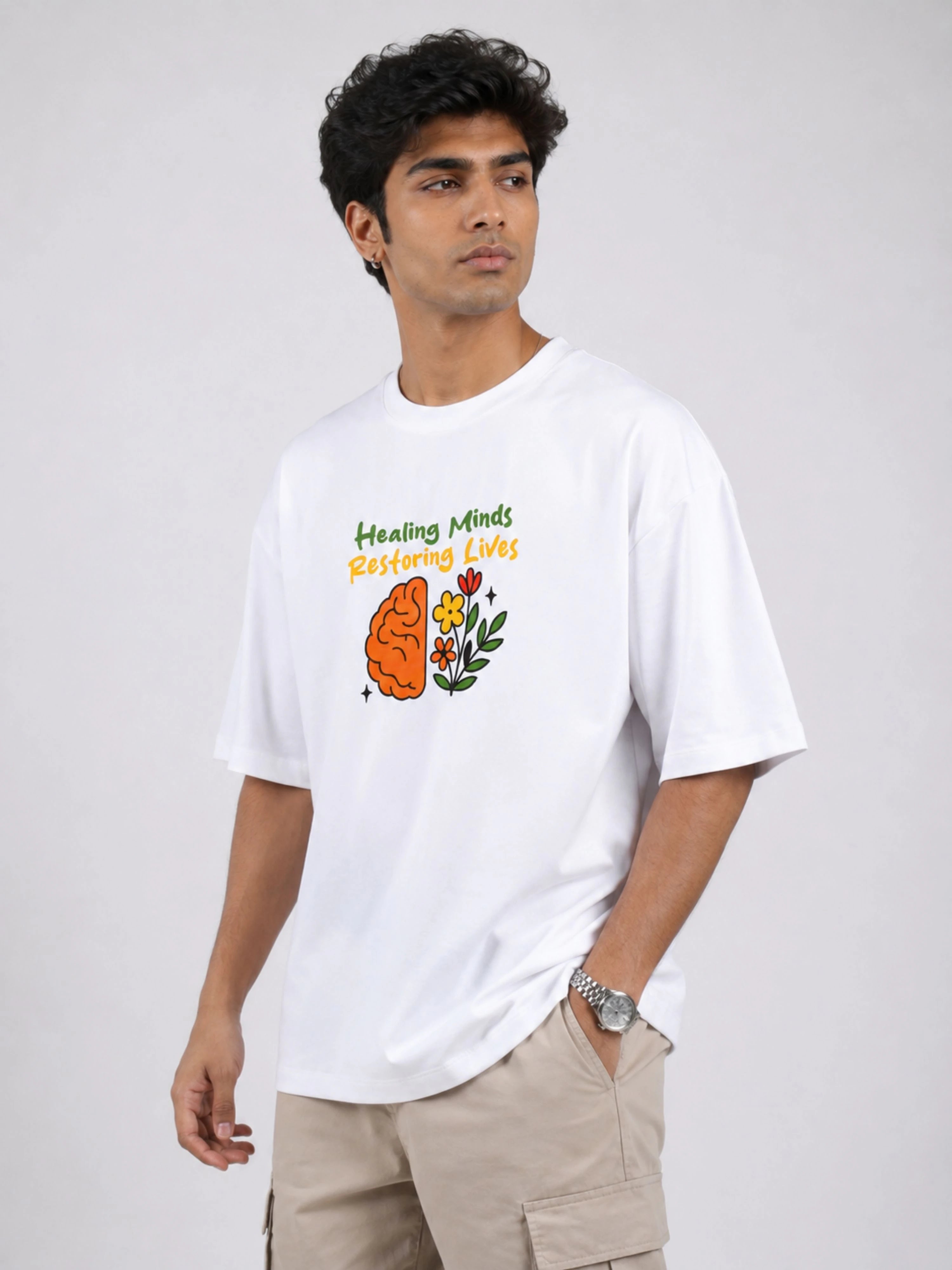 Psychiatrist Trendy T-shirt For Men oversized fit white tshirt with brain and flower graphic