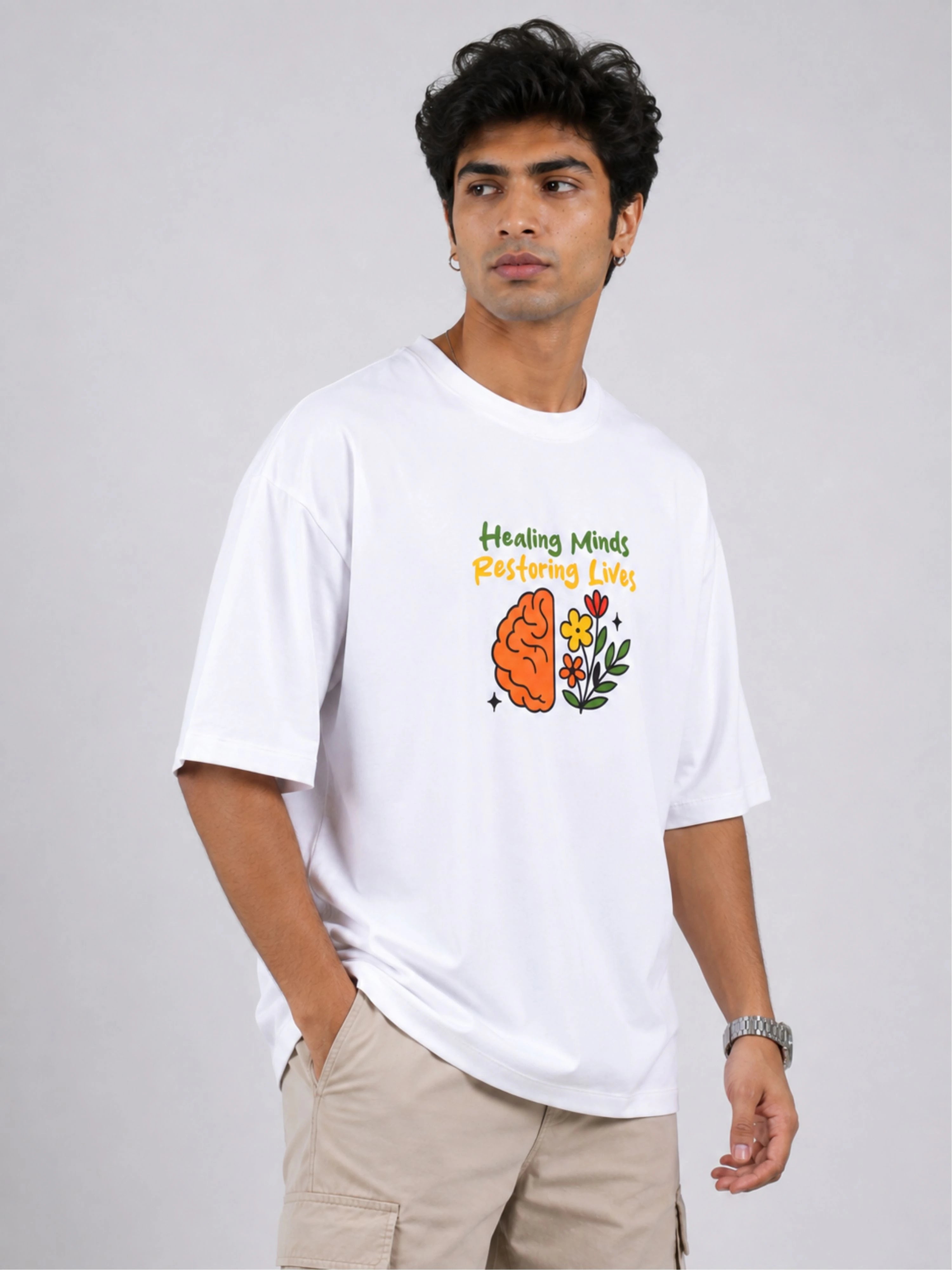Psychiatrist Trendy T-shirt For Men oversized fit white tee with brain and flower design