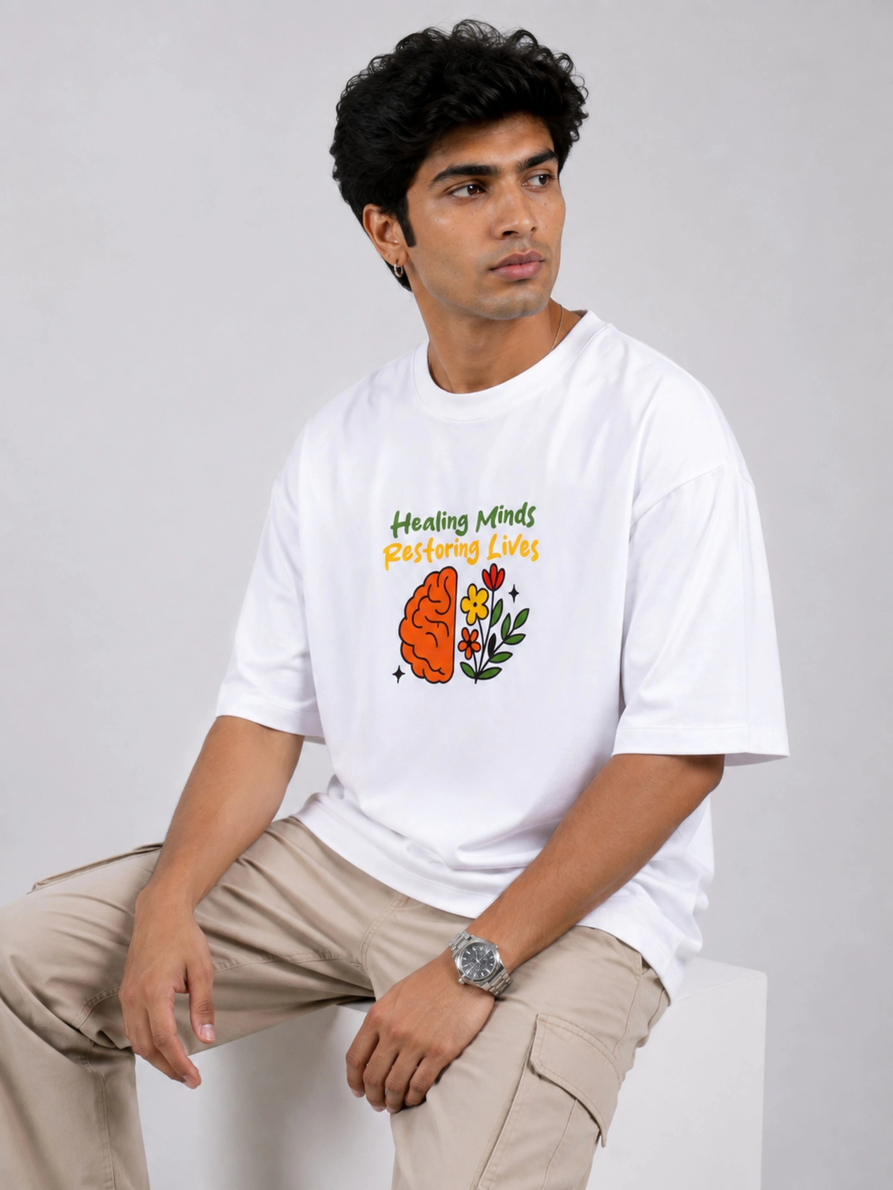 Bandar Baant Collections oversized fit white Psychiatrist Trendy T-shirt For Men with colorful brain and flower graphic