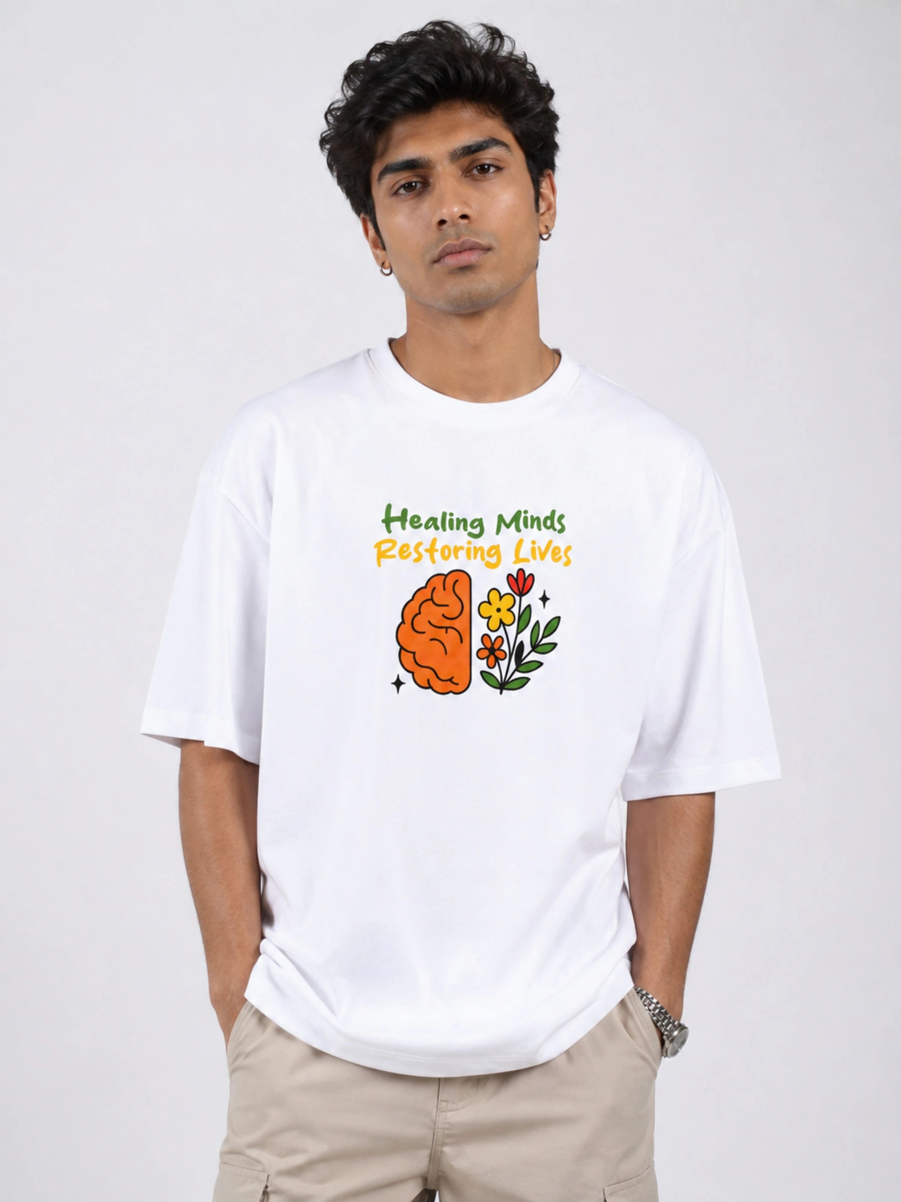 Psychiatrist Trendy T-shirt For Men oversized fit white tshirt with Healing Minds Restoring Lives graphic