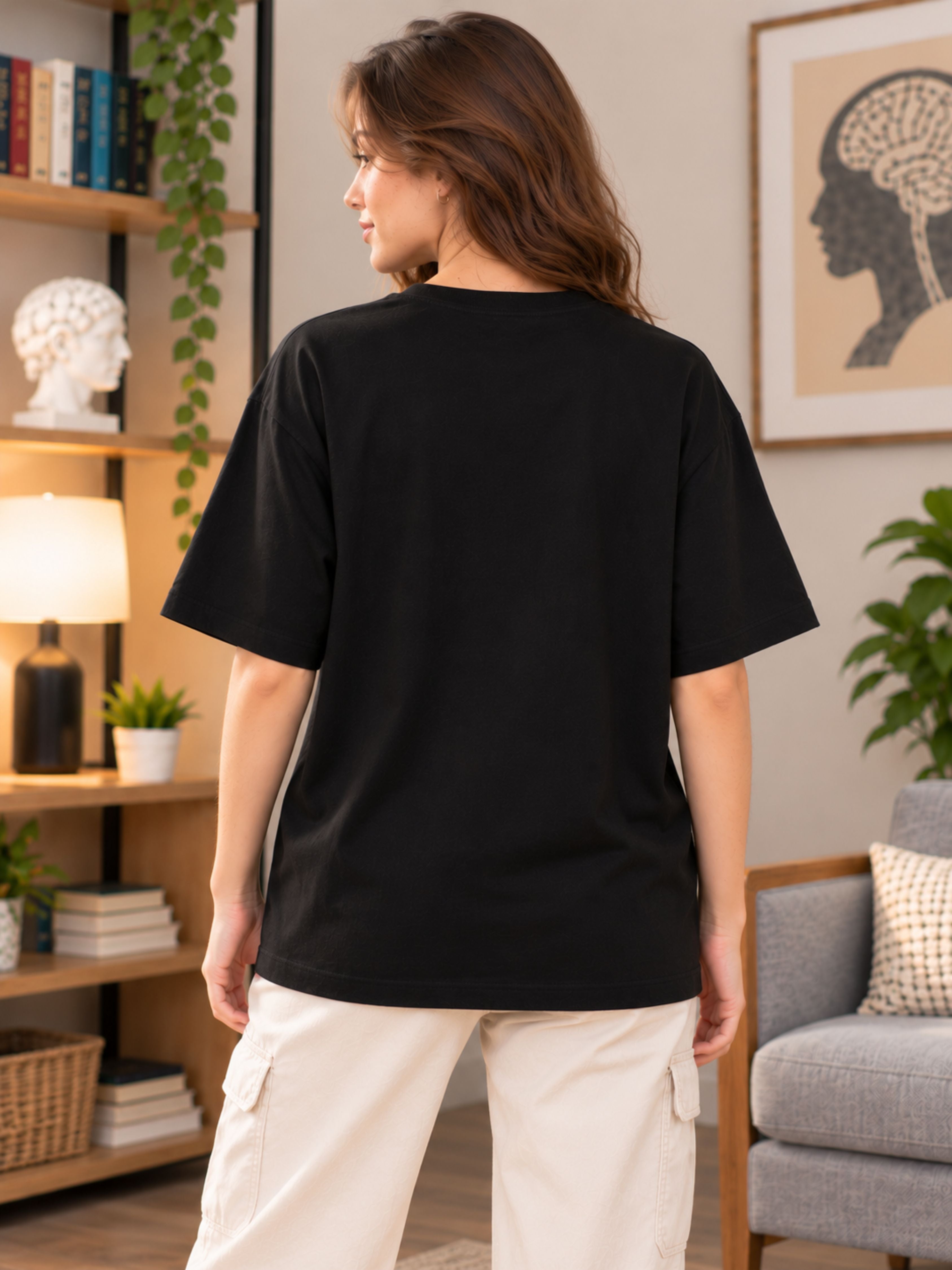 Back view of oversized fit black Psychiatrist Tshirt For Women by Bandar Baant Collections