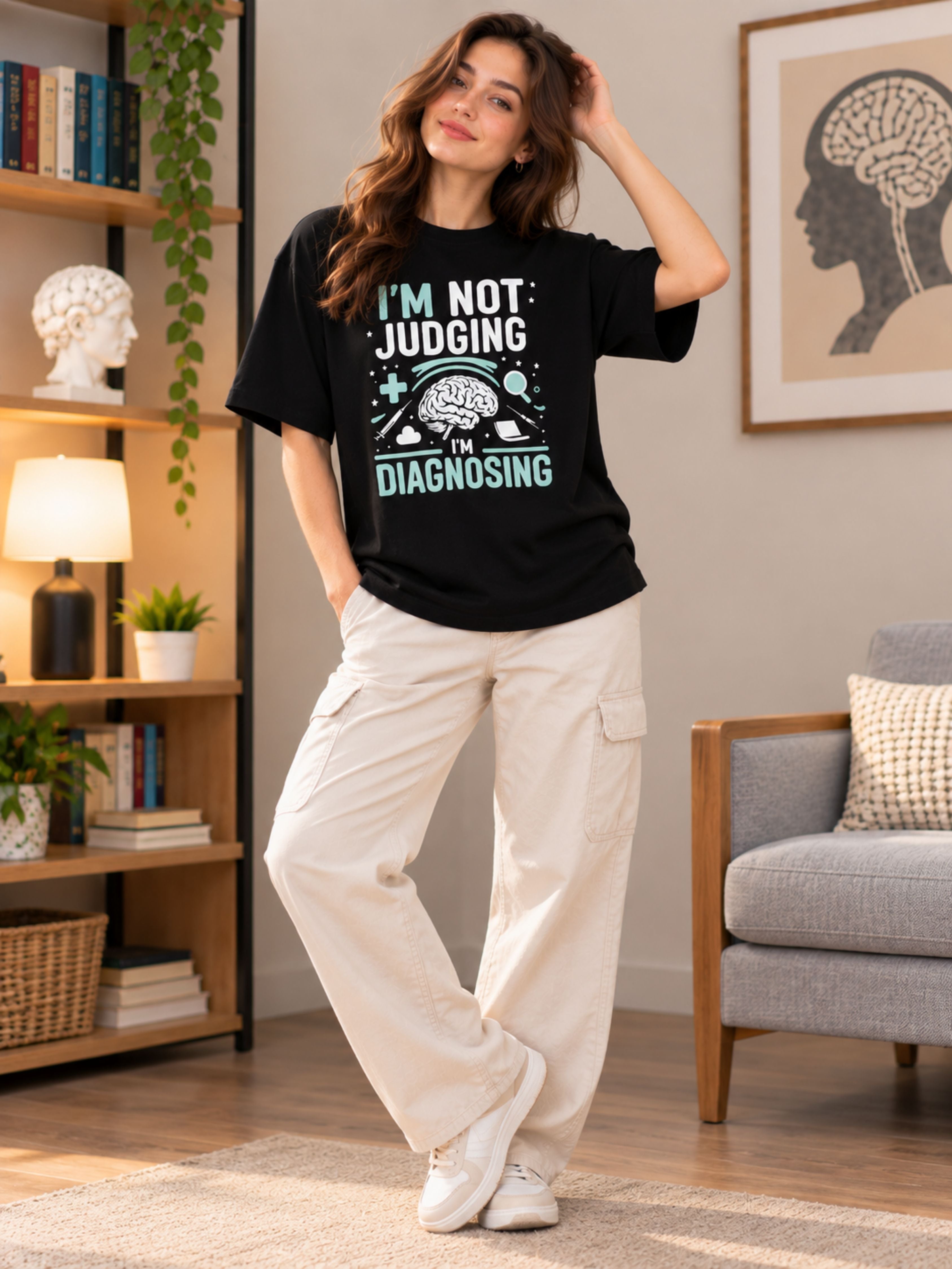 Oversized fit Psychiatrist Tshirt For Women in black with brain graphic and text worn by woman indoors