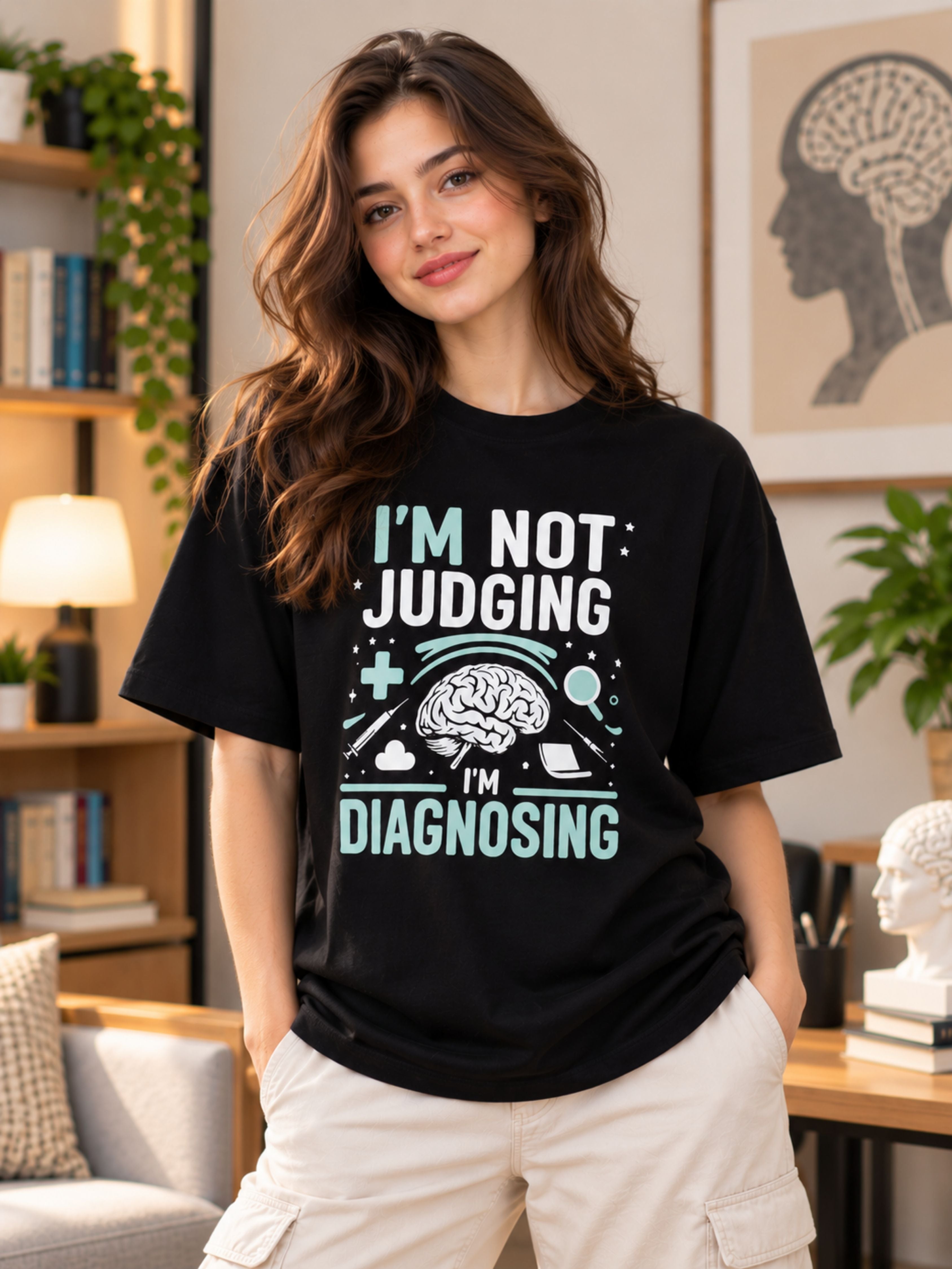 Psychiatrist Tshirt For Women black oversized fit tshirt with brain graphic and diagnosing text