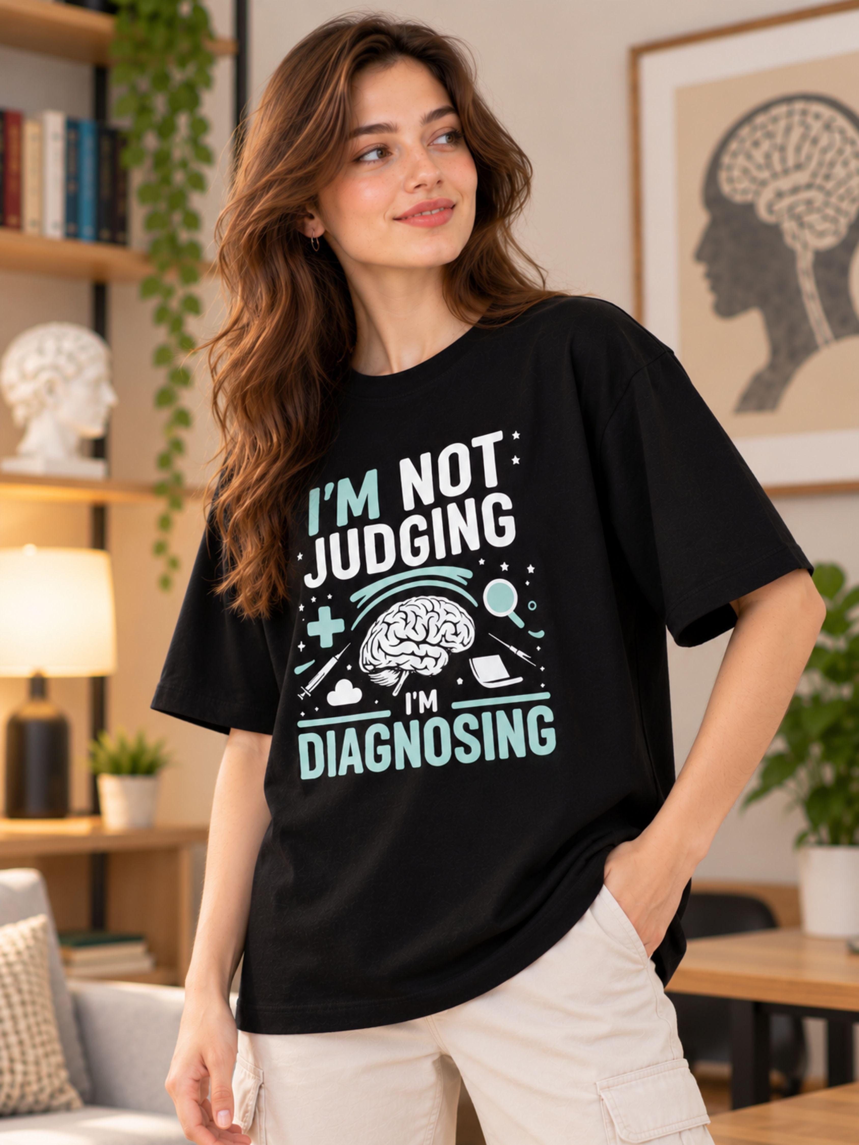 Oversized fit Psychiatrist Tshirt For Women in black with brain graphic and diagnosis text