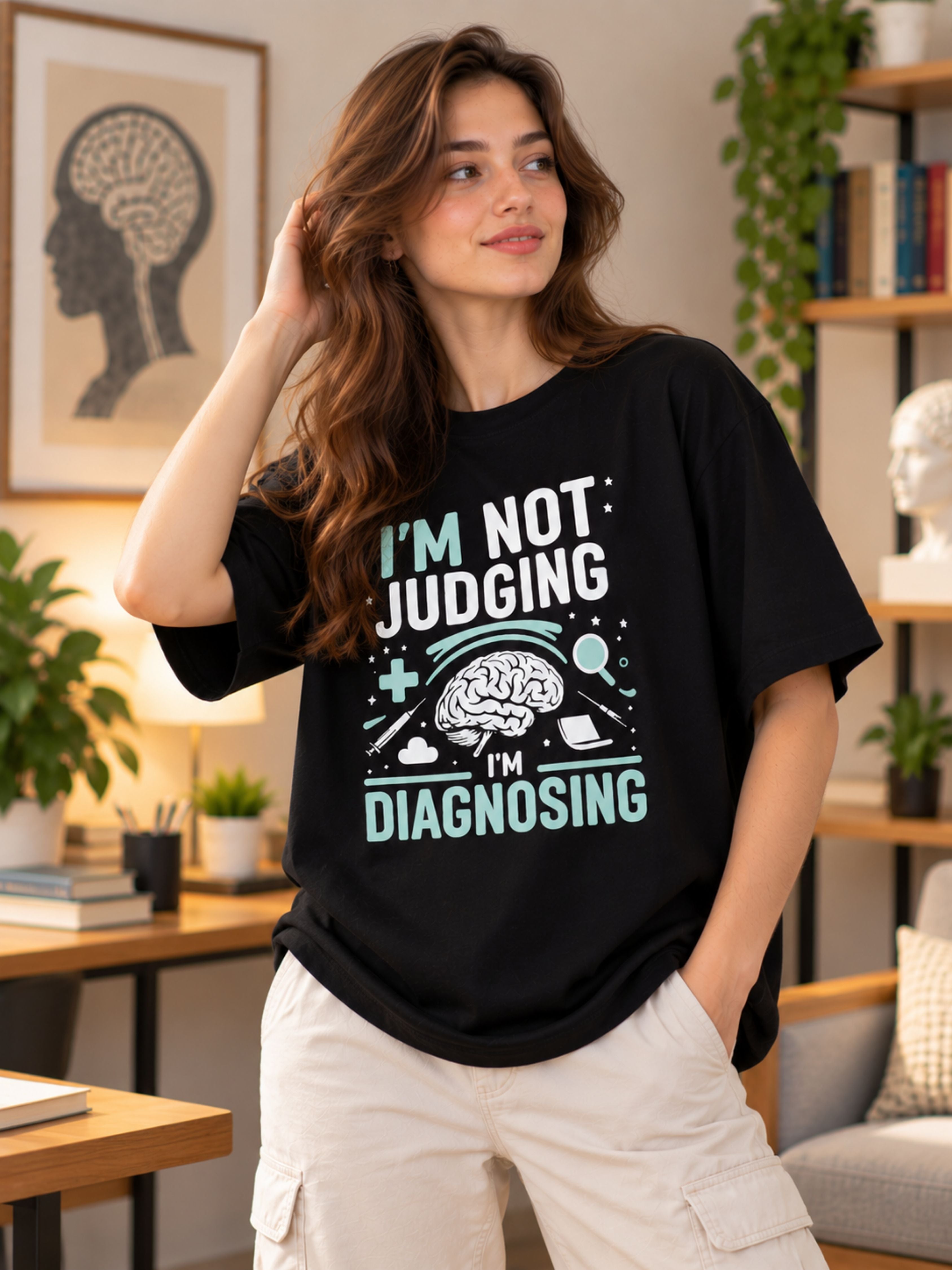 Oversized fit Psychiatrist Tshirt For Women in black with brain graphic and text I'm not judging I'm diagnosing
