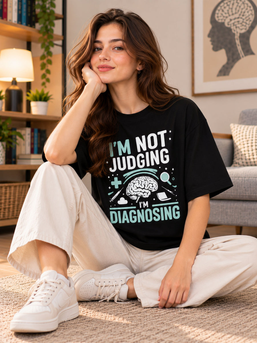 Oversized fit Psychiatrist Tshirt For Women in black with humorous medical design worn by a seated woman