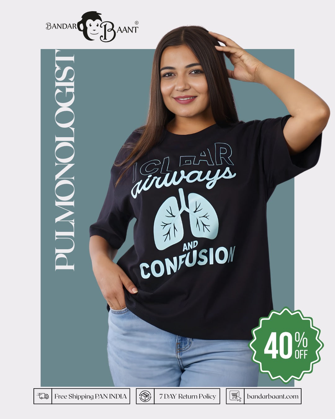 Oversized fit T-shirt For Women in black with Pulmonologist design and casual style from Bandar Baant Collections