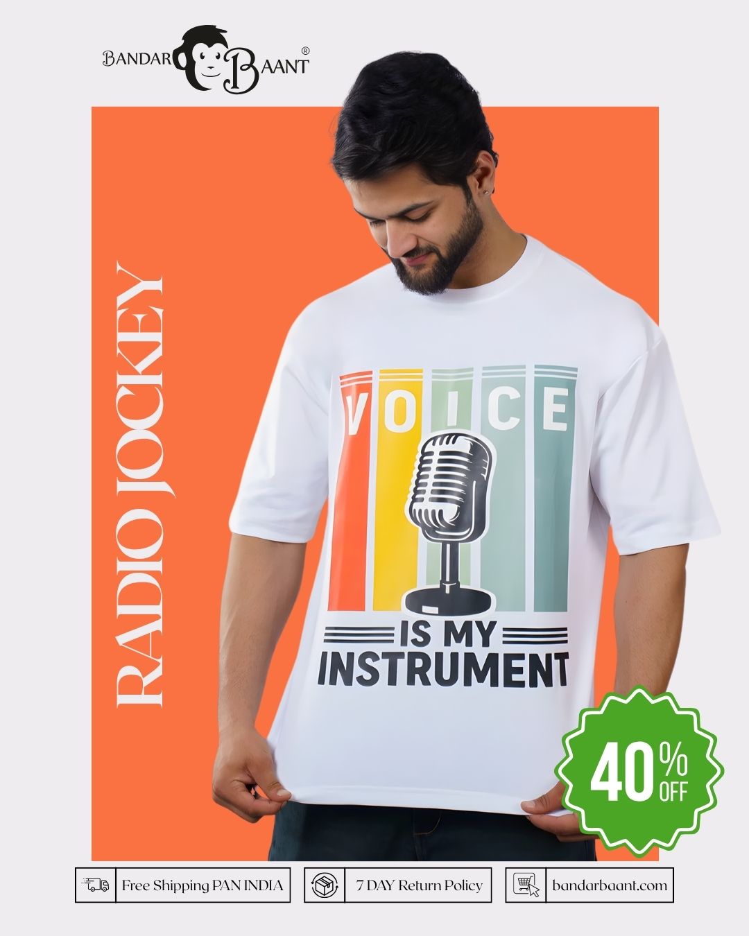 Radio Jockey Voice is My Instrument Oversized fit Tshirt For Men Front View 5