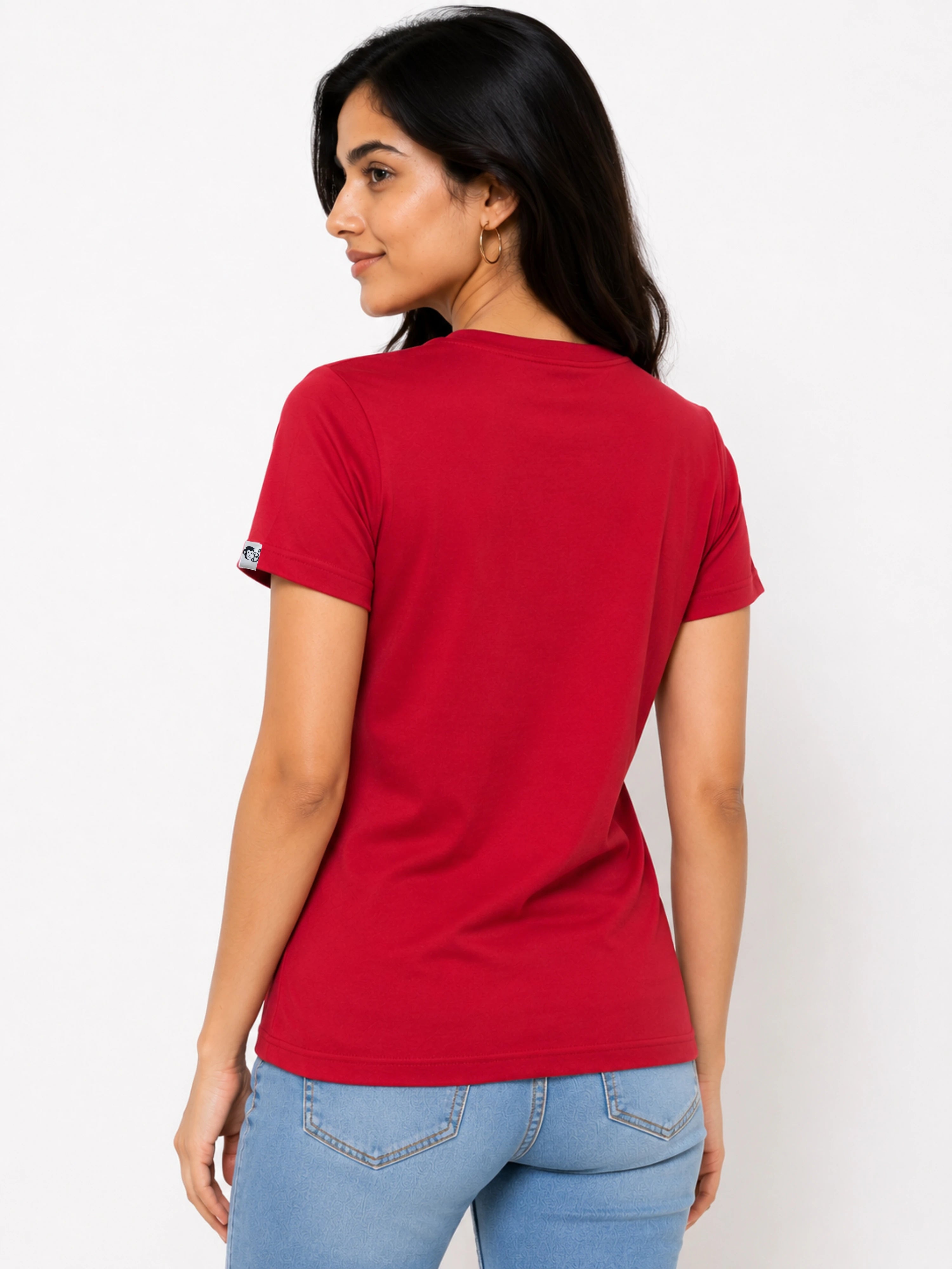 Red Bandar Baant Collections Regular Fit T-Shirt for Women shown from the back on a model