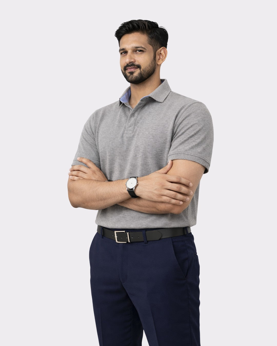 Man wearing Bandar Baant Collections regular fit premium cotton polo t-shirt for men in gray