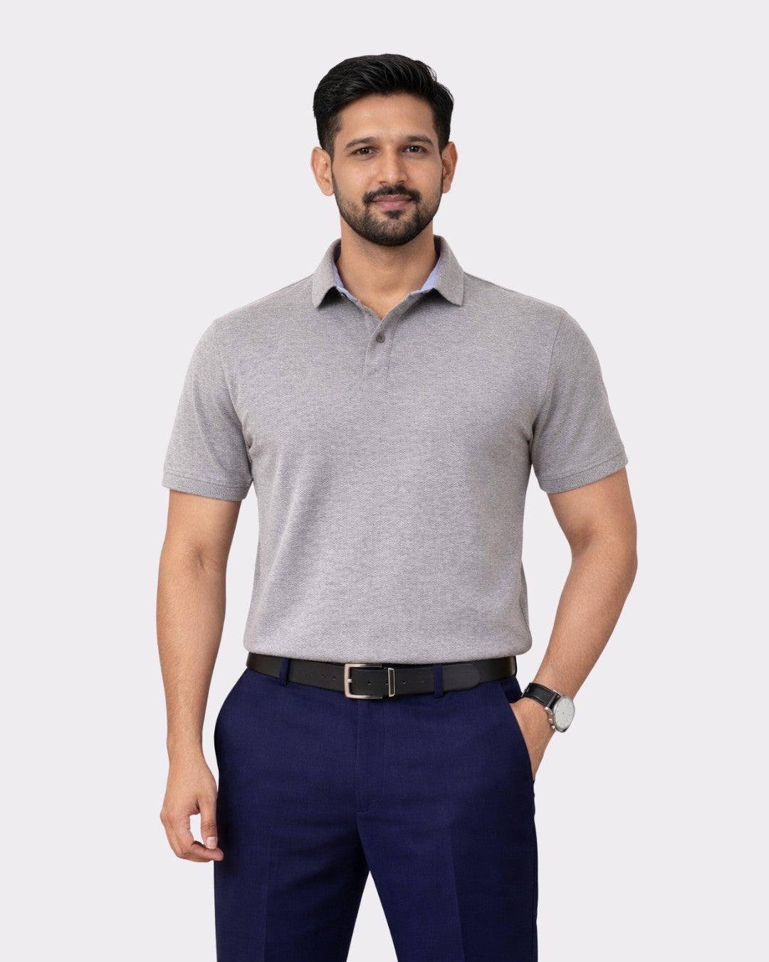 Regular Fit Premium Cotton Polo T-Shirt for Men in gray worn by man with navy pants from Bandar Baant Collections