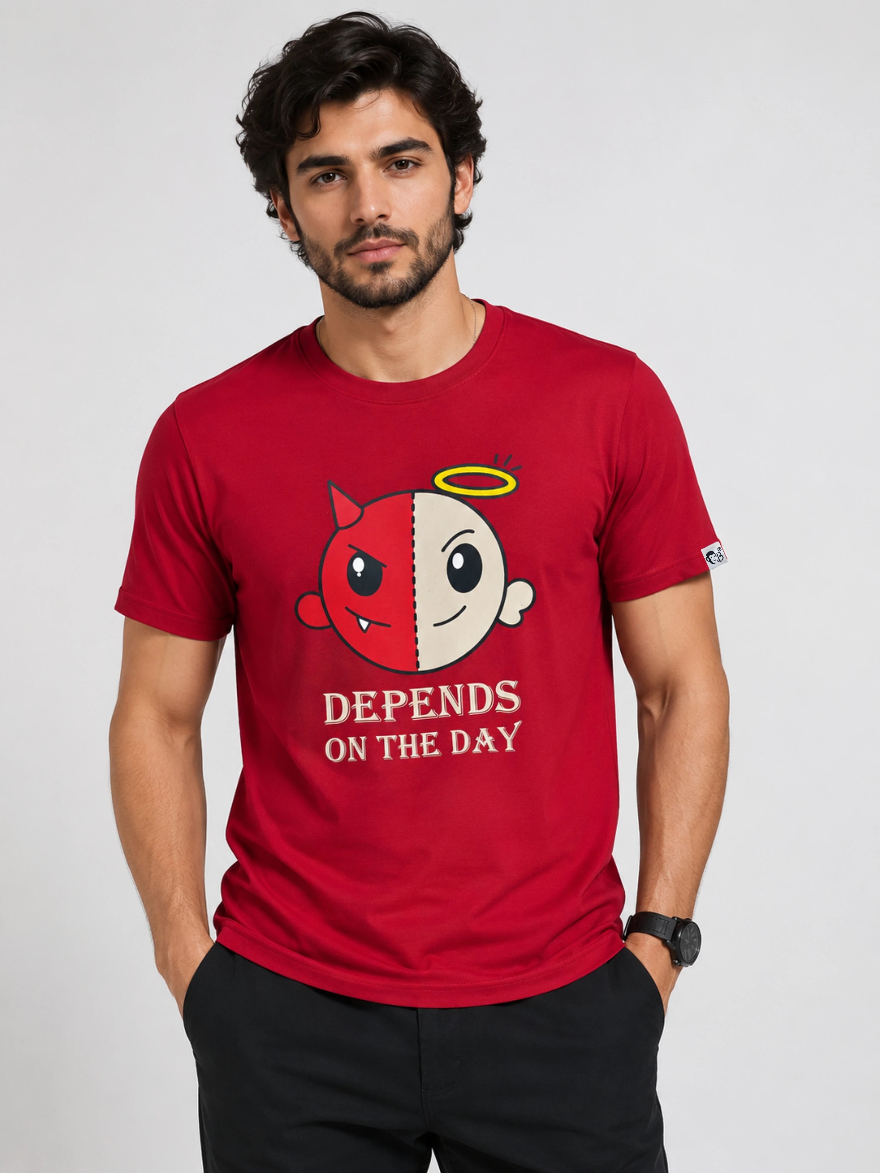 Bandar Baant Collections red Regular Fit T-Shirt for Men with depends on the day graphic print