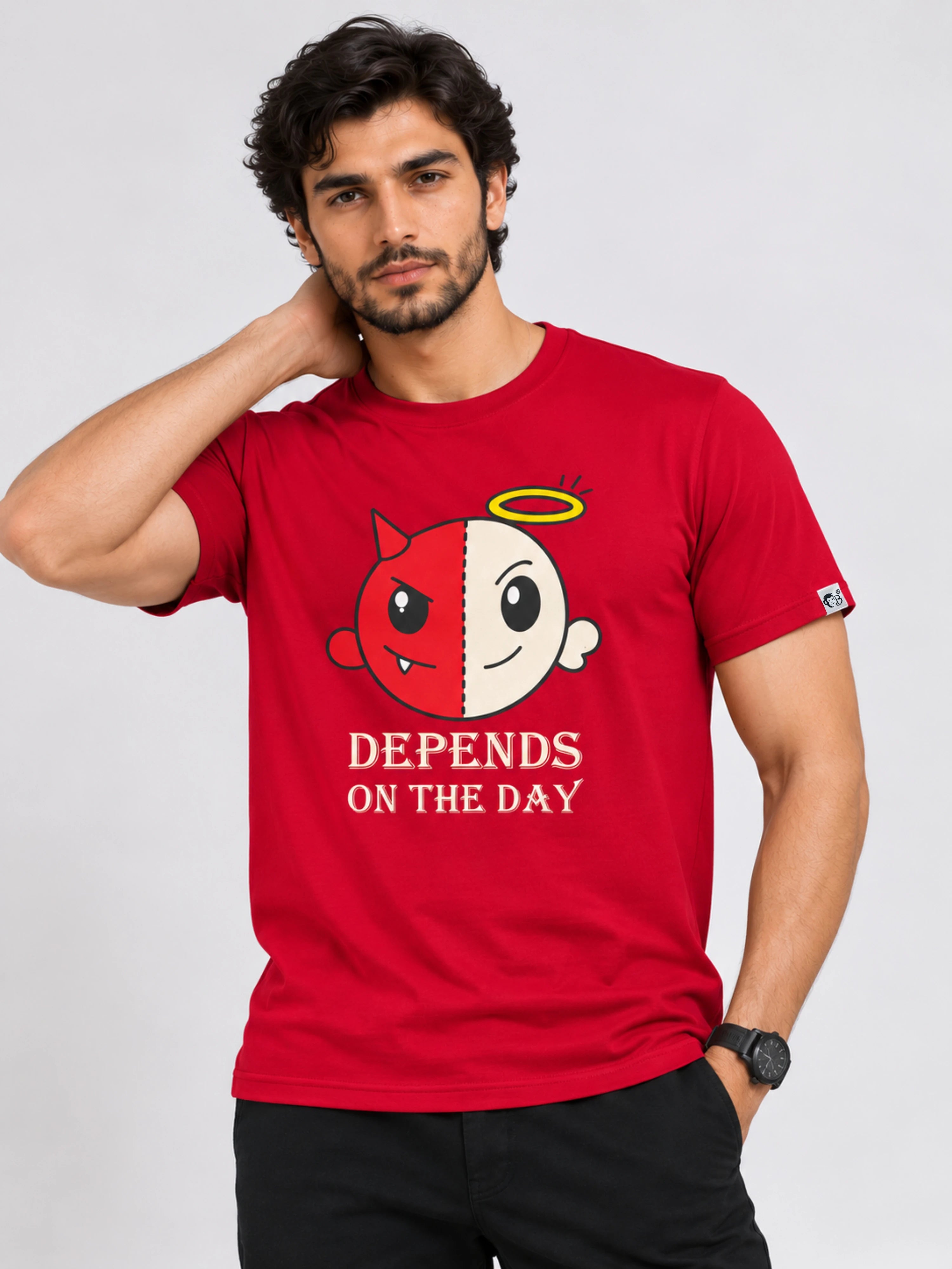 Red Bandar Baant Collections Regular Fit T-Shirt for Men with cartoon graphic and depends on the day text