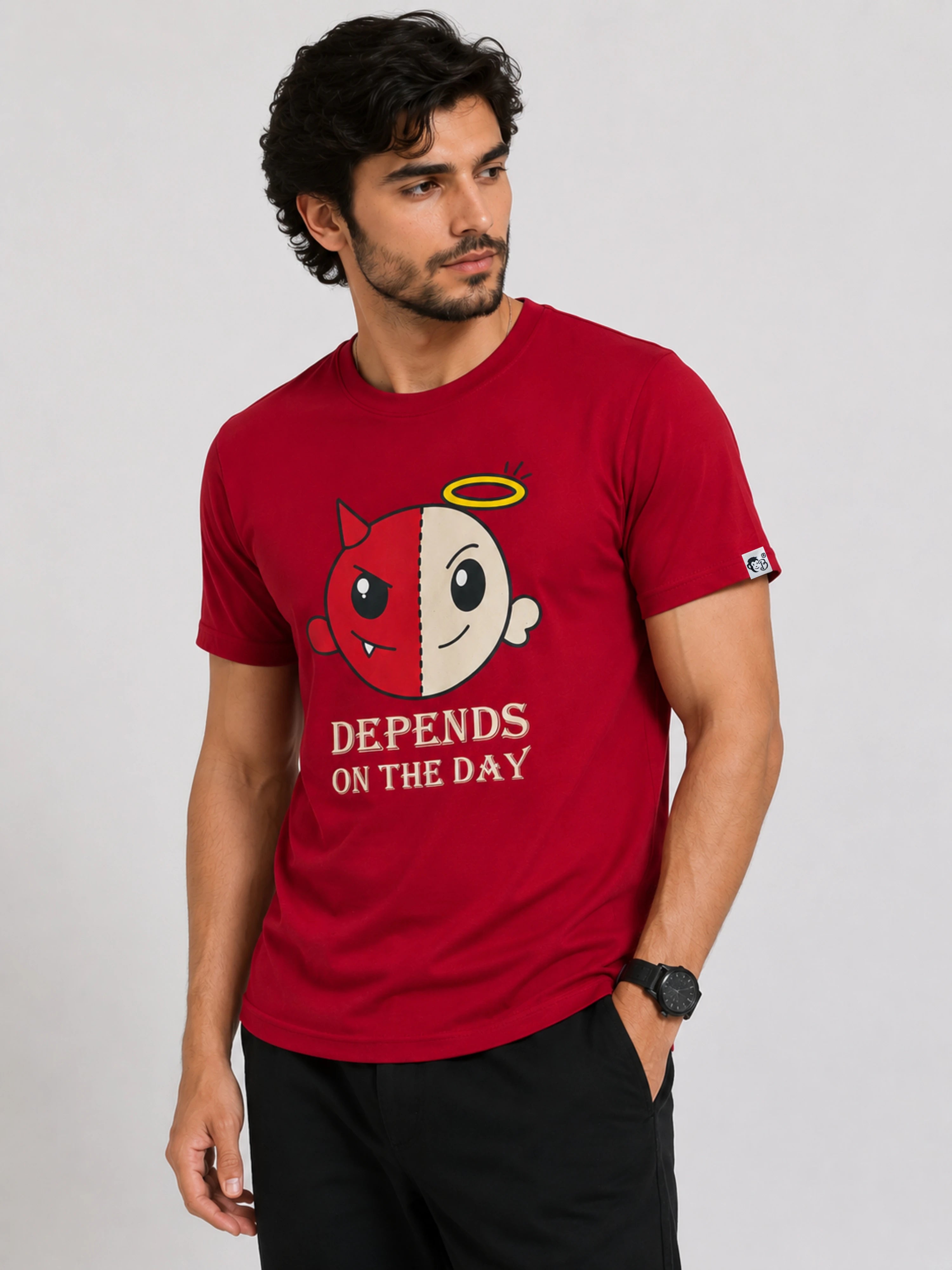 Red Regular Fit T-Shirt for Men by Bandar Baant Collections with cartoon graphic and depends on the day text