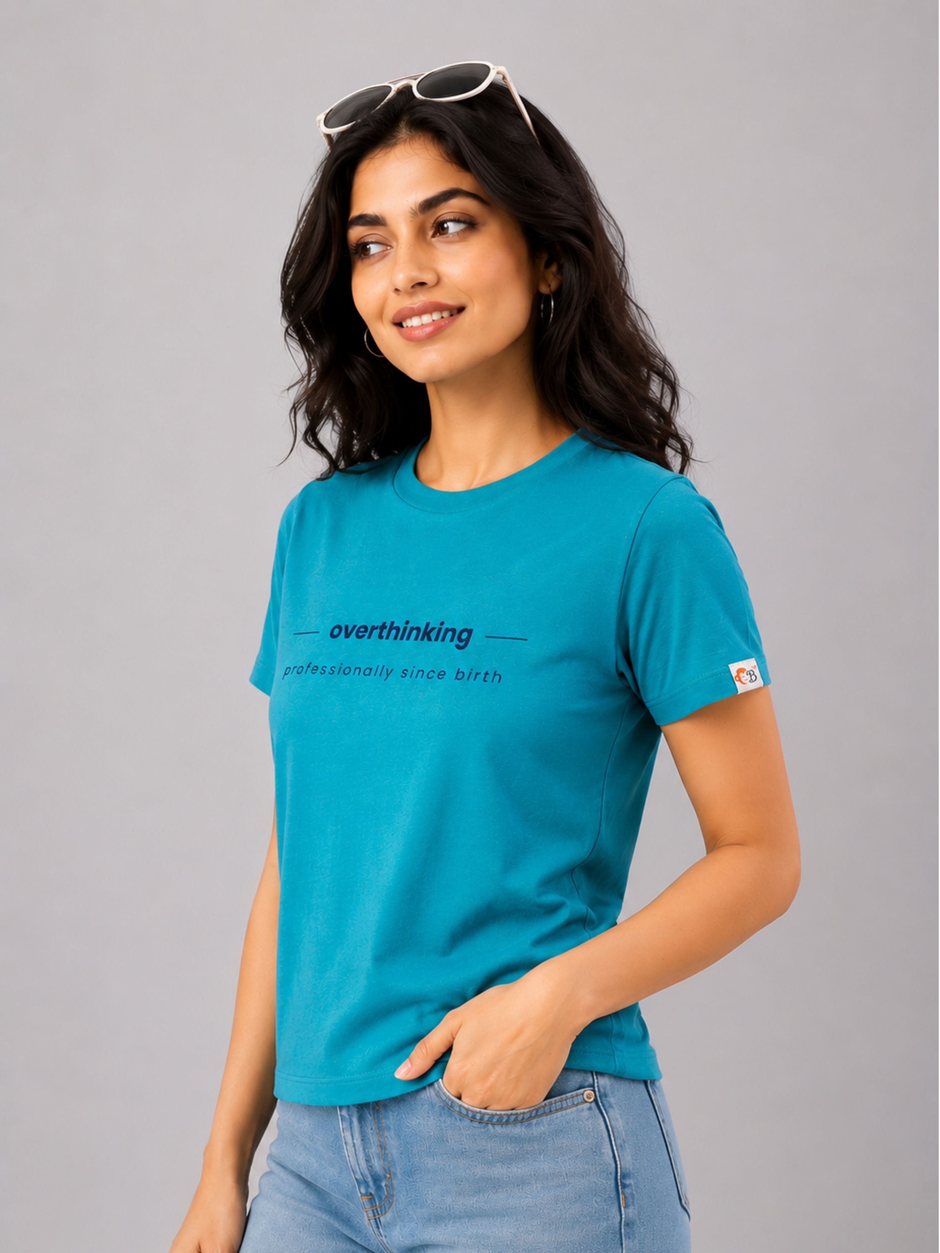 Blue regular fit T-shirt for women by Bandar Baant Collections with printed text and casual style
