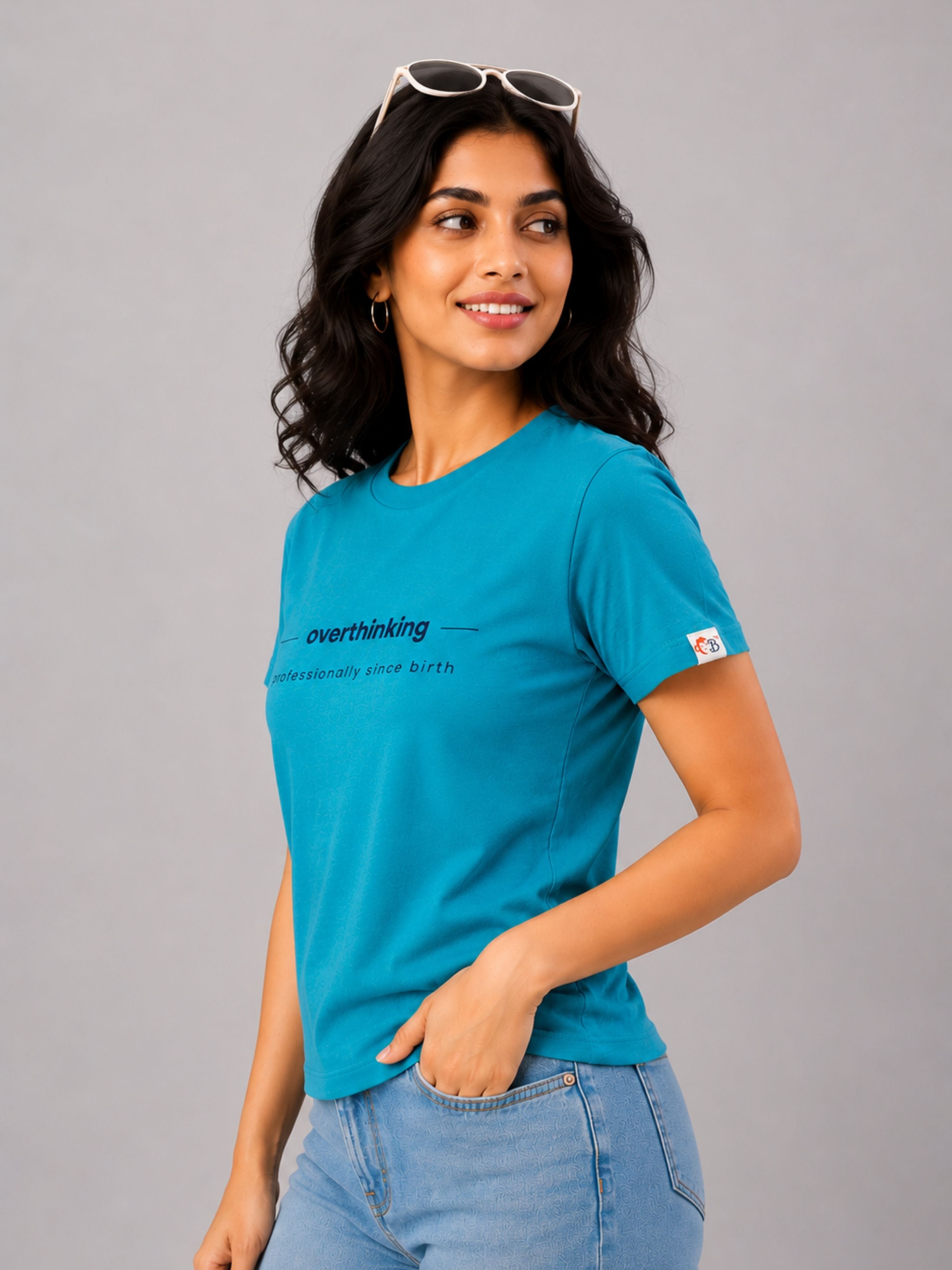 Woman wearing a blue Regular Fit T-Shirt for Women with overthinking print by Bandar Baant Collections
