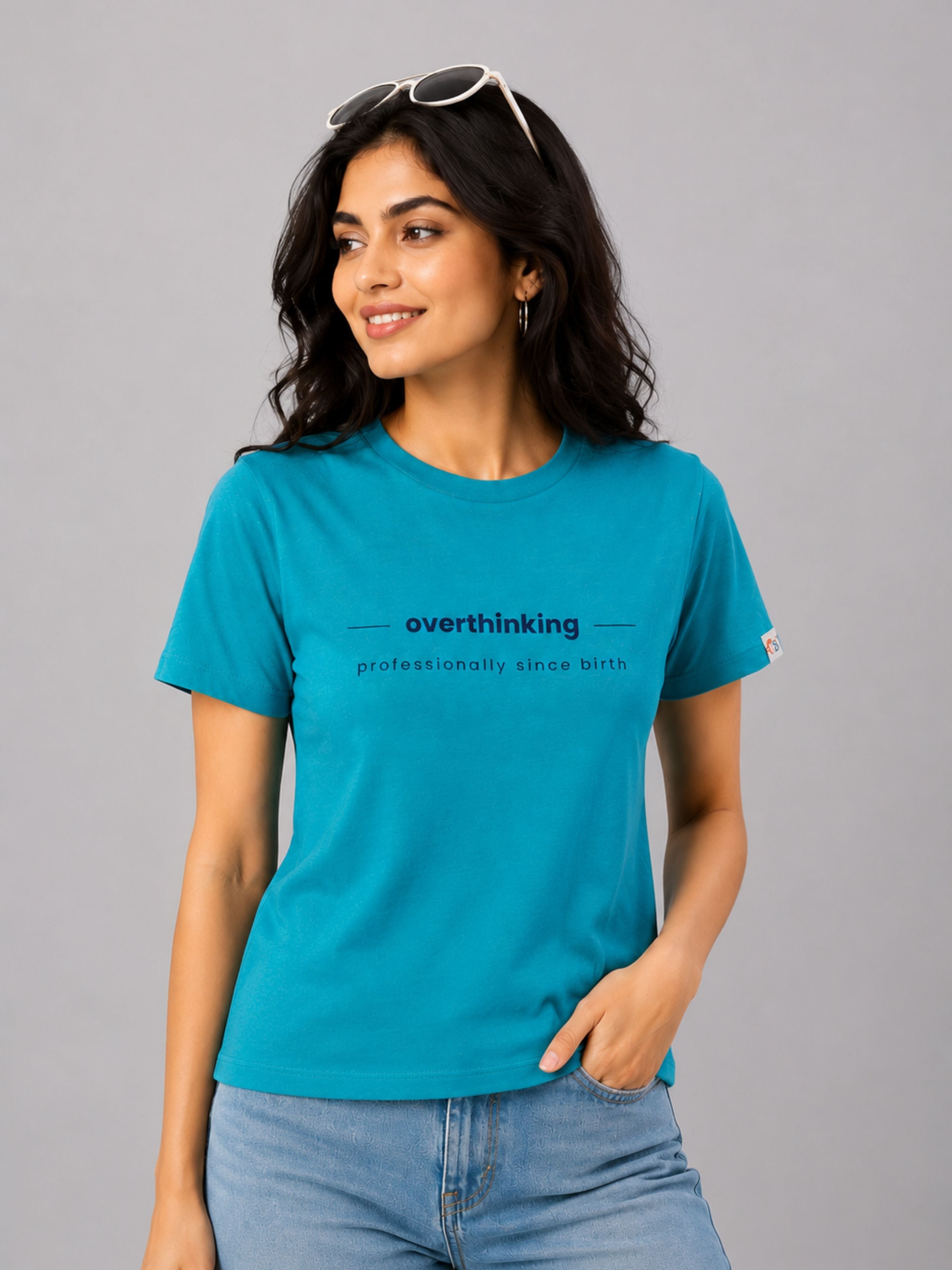 Blue Regular Fit T-Shirt for Women from Bandar Baant Collections with overthinking text design