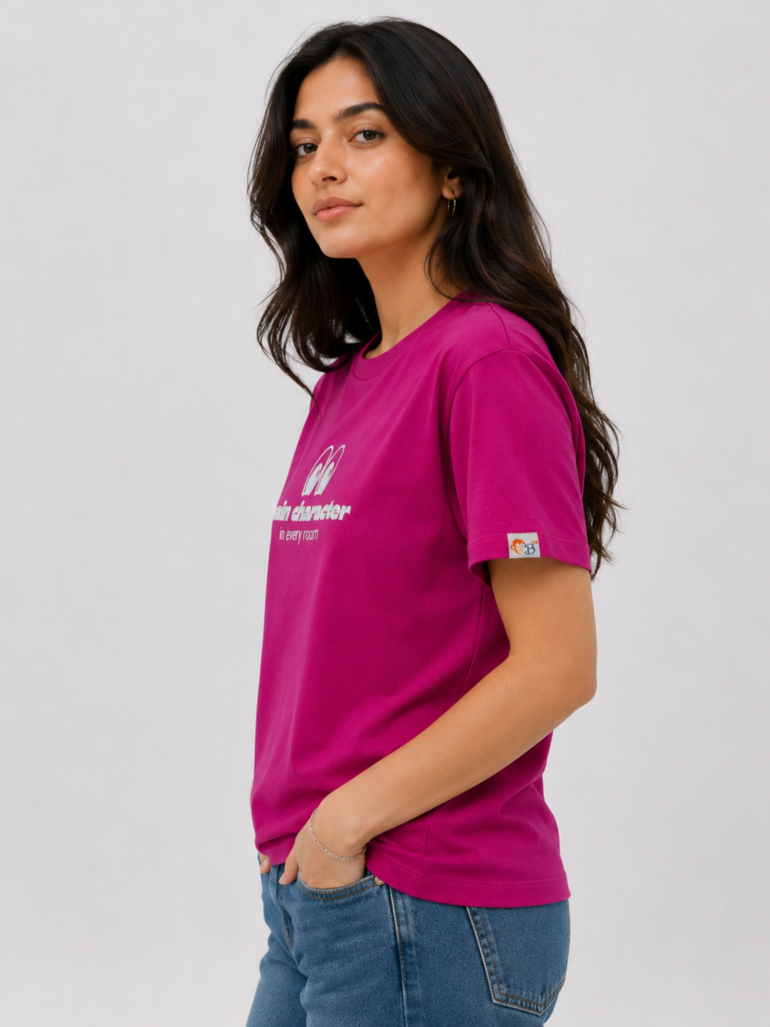 Bandar Baant Collections magenta Regular Fit T-Shirt for Women worn with blue jeans