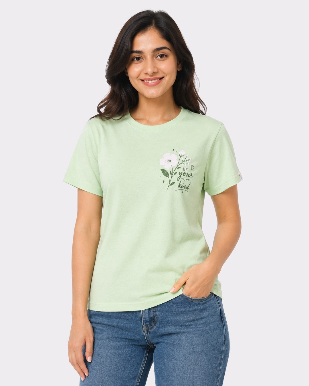 Regular Fit T-Shirt for Women Mint Green with floral graphic and text design by Bandar Baant Collections