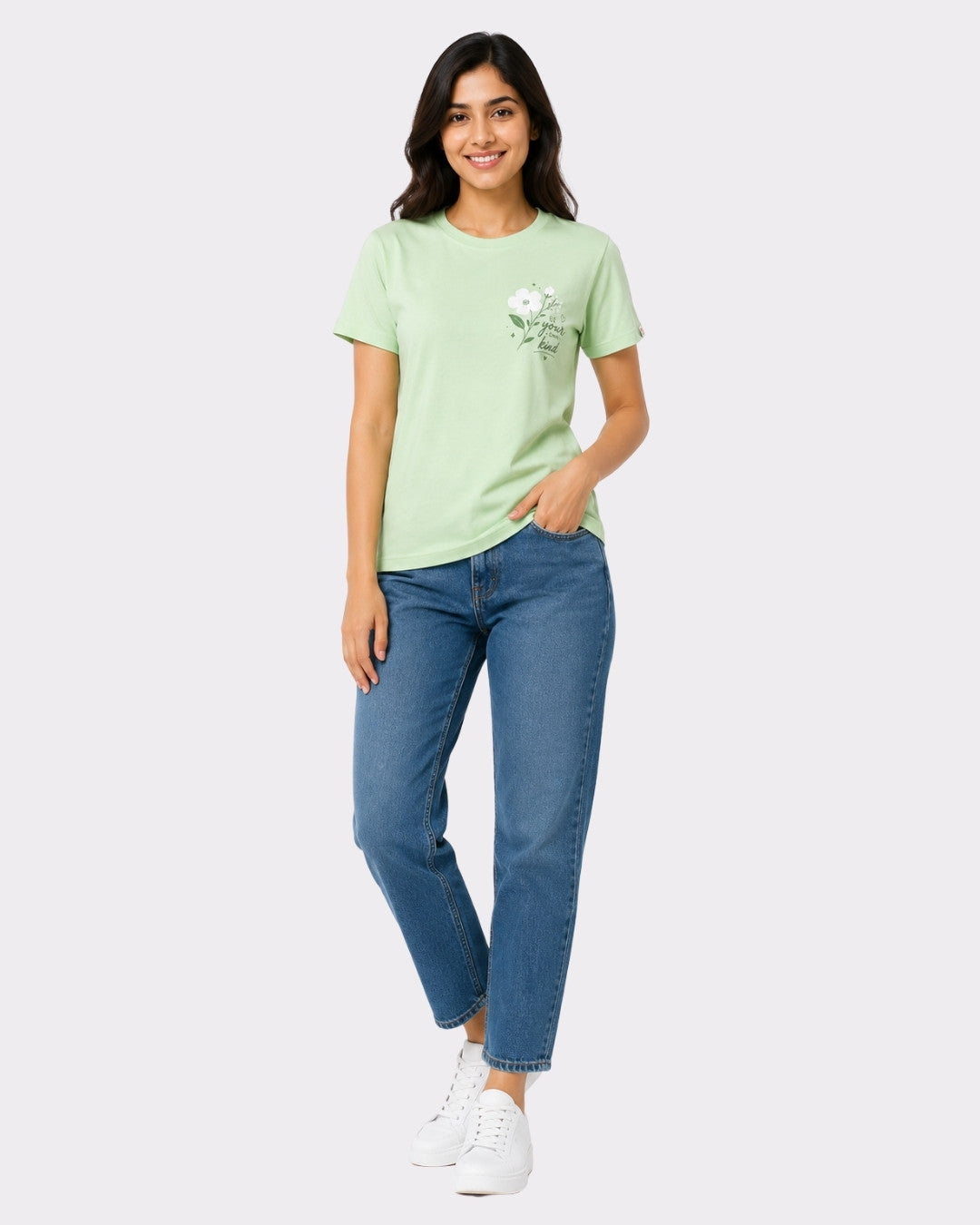 Regular Fit T-Shirt for Women Mint Green by Bandar Baant Collections modeled with blue jeans and white sneakers