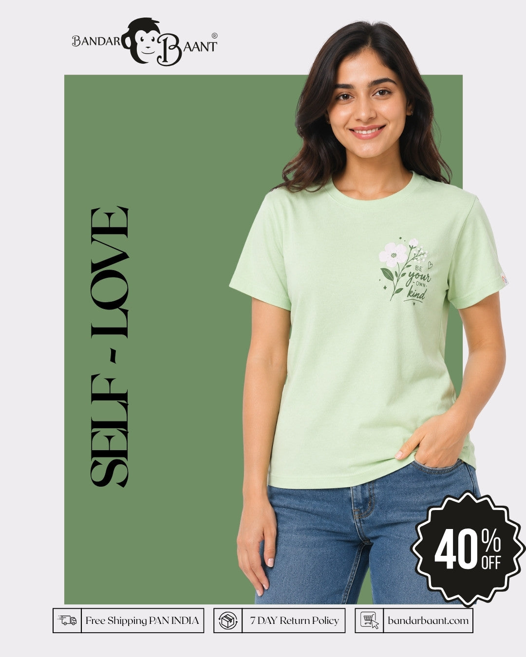 Regular Fit T-Shirt for Women Mint Green with floral design by Bandar Baant Collections