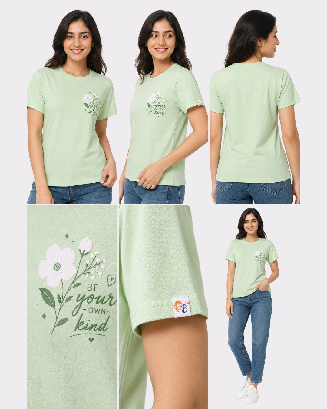 Regular Fit T-Shirt for Women Mint Green with floral print and motivational text by Bandar Baant Collections