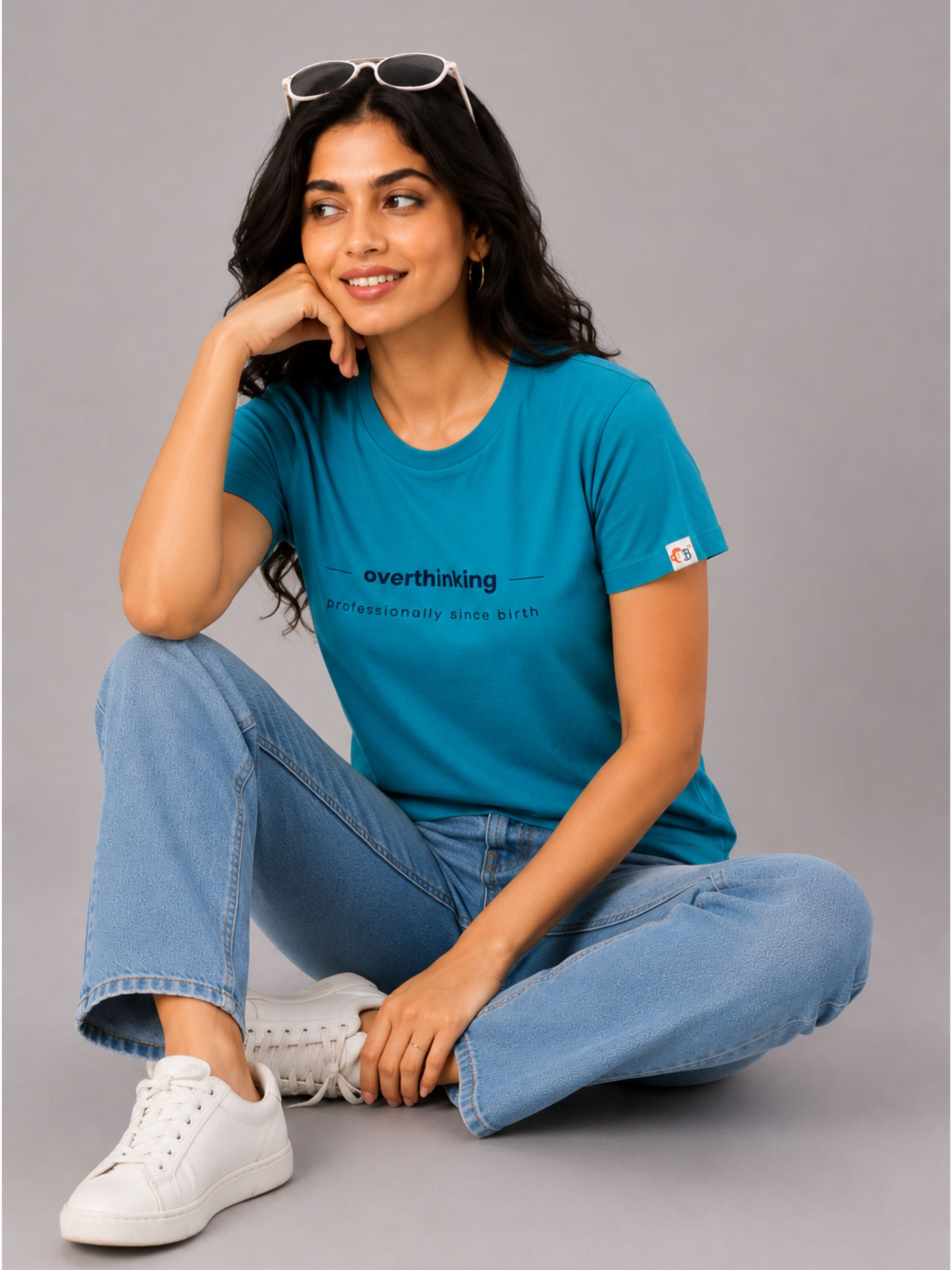 Bandar Baant Collections Regular Fit T-Shirt for Women in teal with graphic text and casual styling