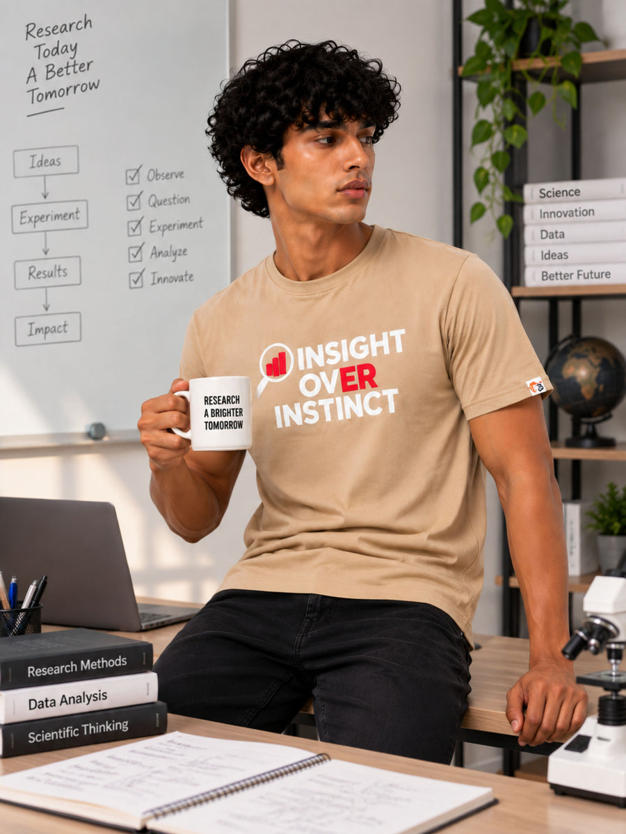 Researchers Regular Fit Tshirt For Men in beige worn by man holding a research mug in an office setting