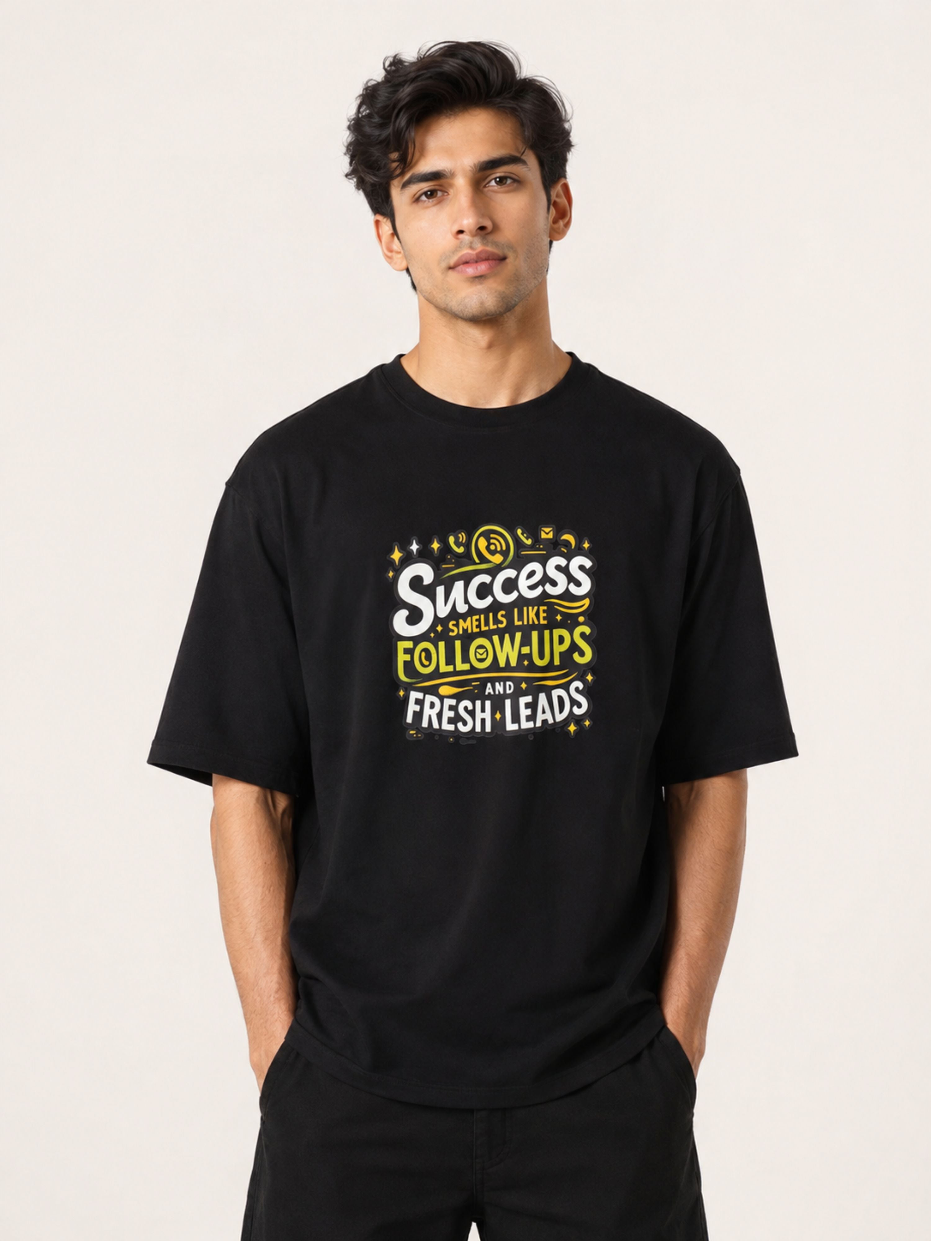 Sales Executive Oversized T-shirt For Men black with success quote graphic worn by male model