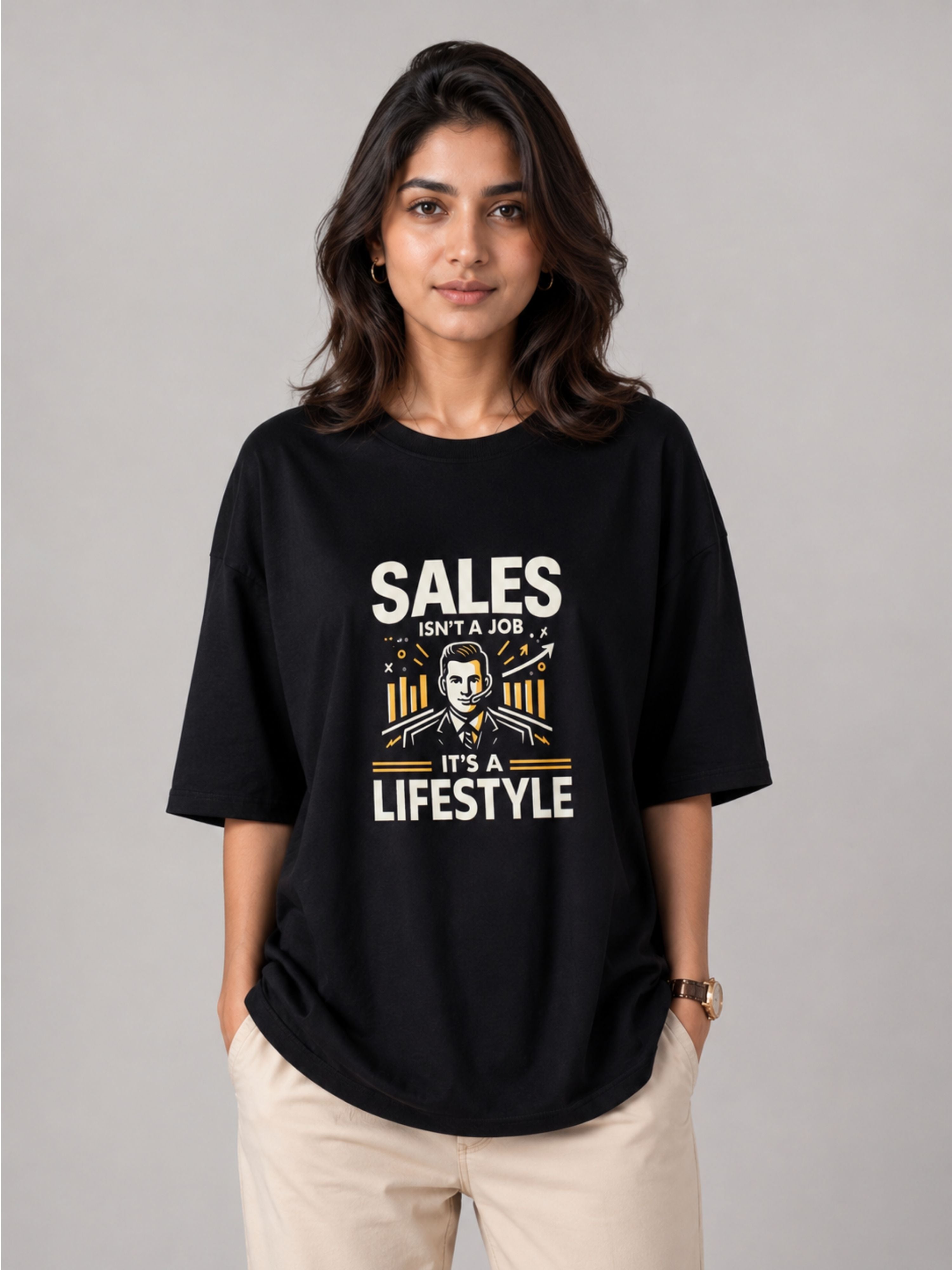Sales Executive Oversized T-shirt For Women in black with sales lifestyle graphic print
