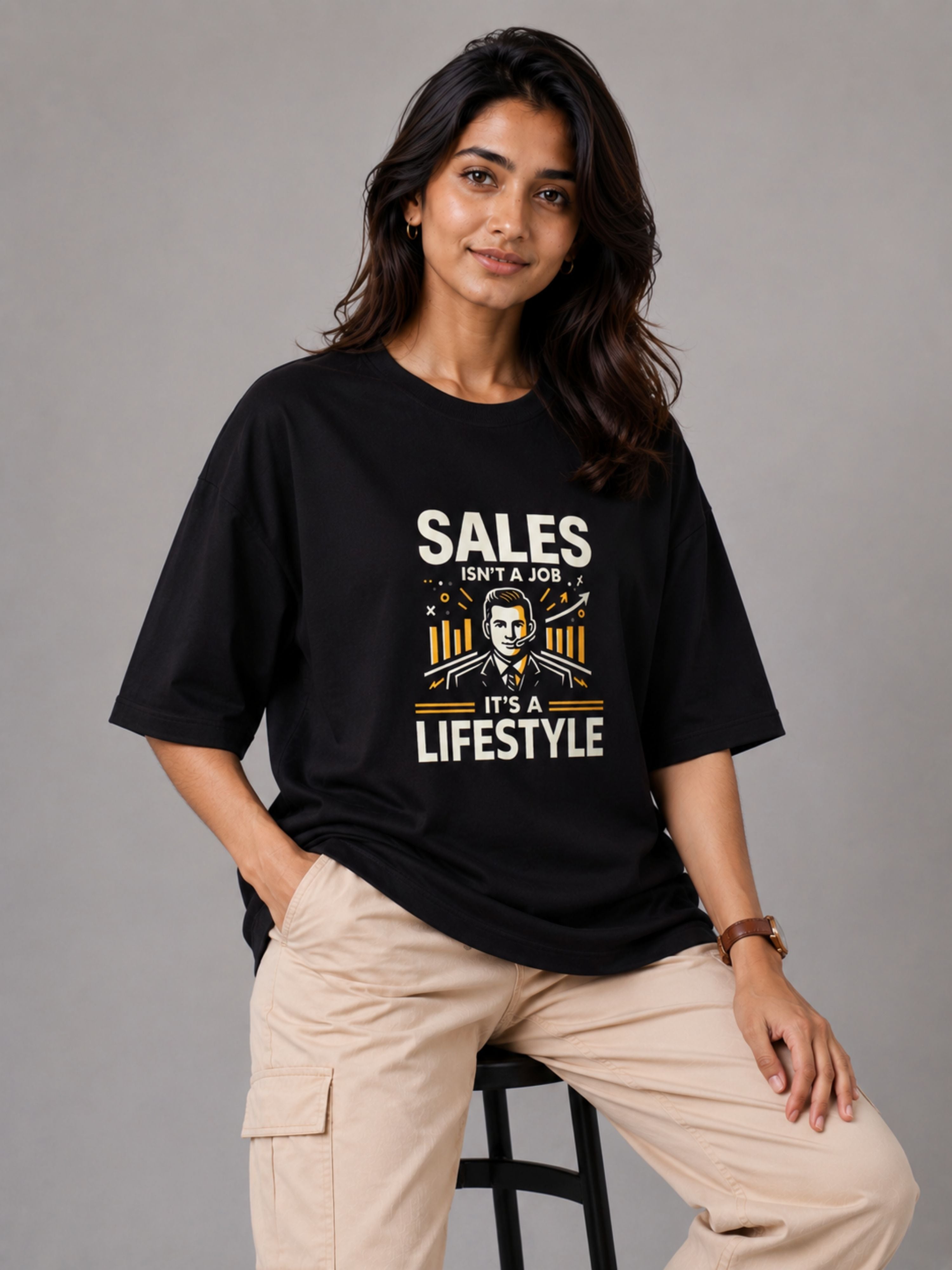 Sales Executive Oversized T-shirt For Women in black with graphic text and relaxed fit by Bandar Baant Collections