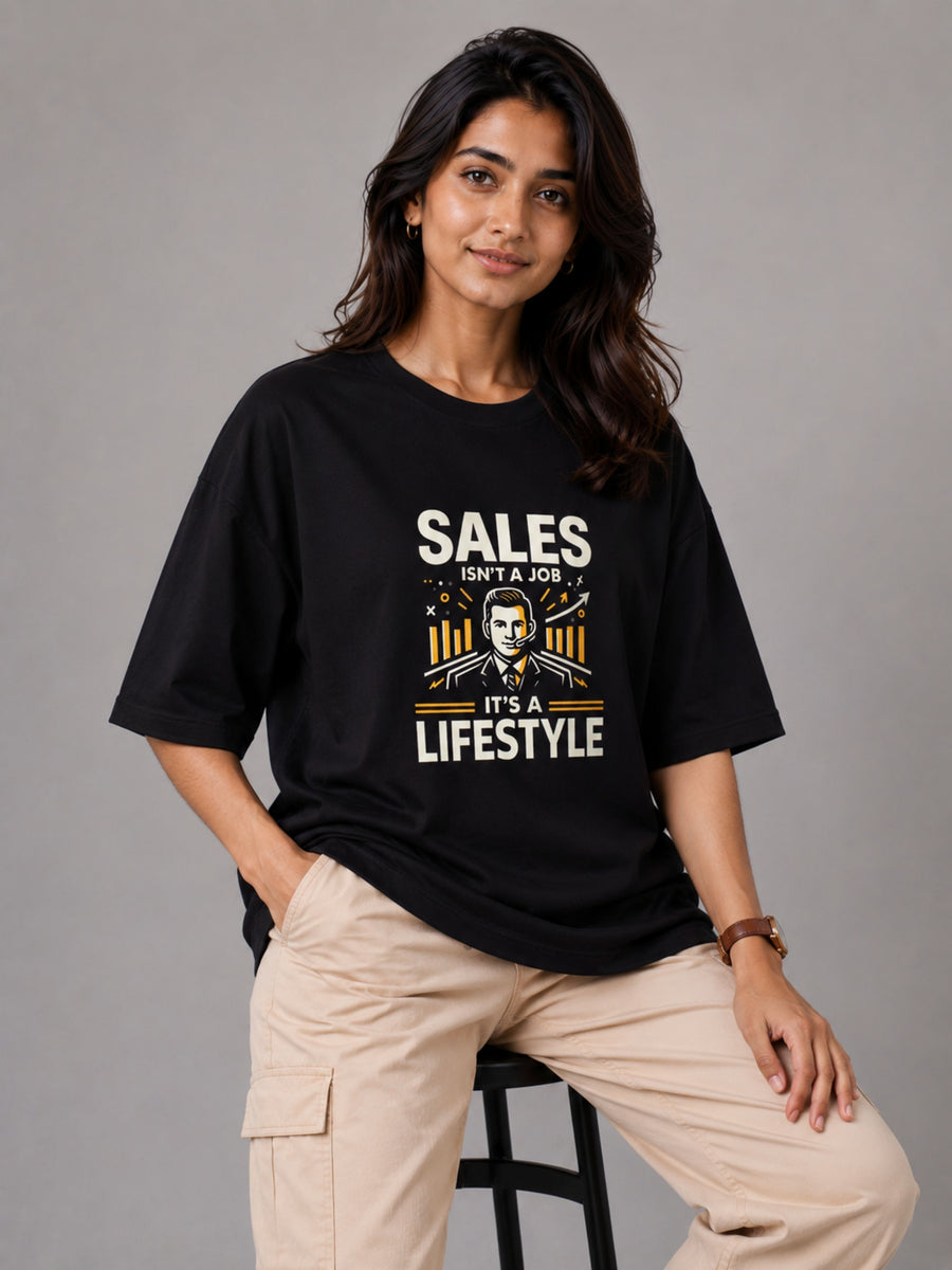 Sales Executive Oversized T-shirt For Women in black with graphic text and relaxed fit by Bandar Baant Collections