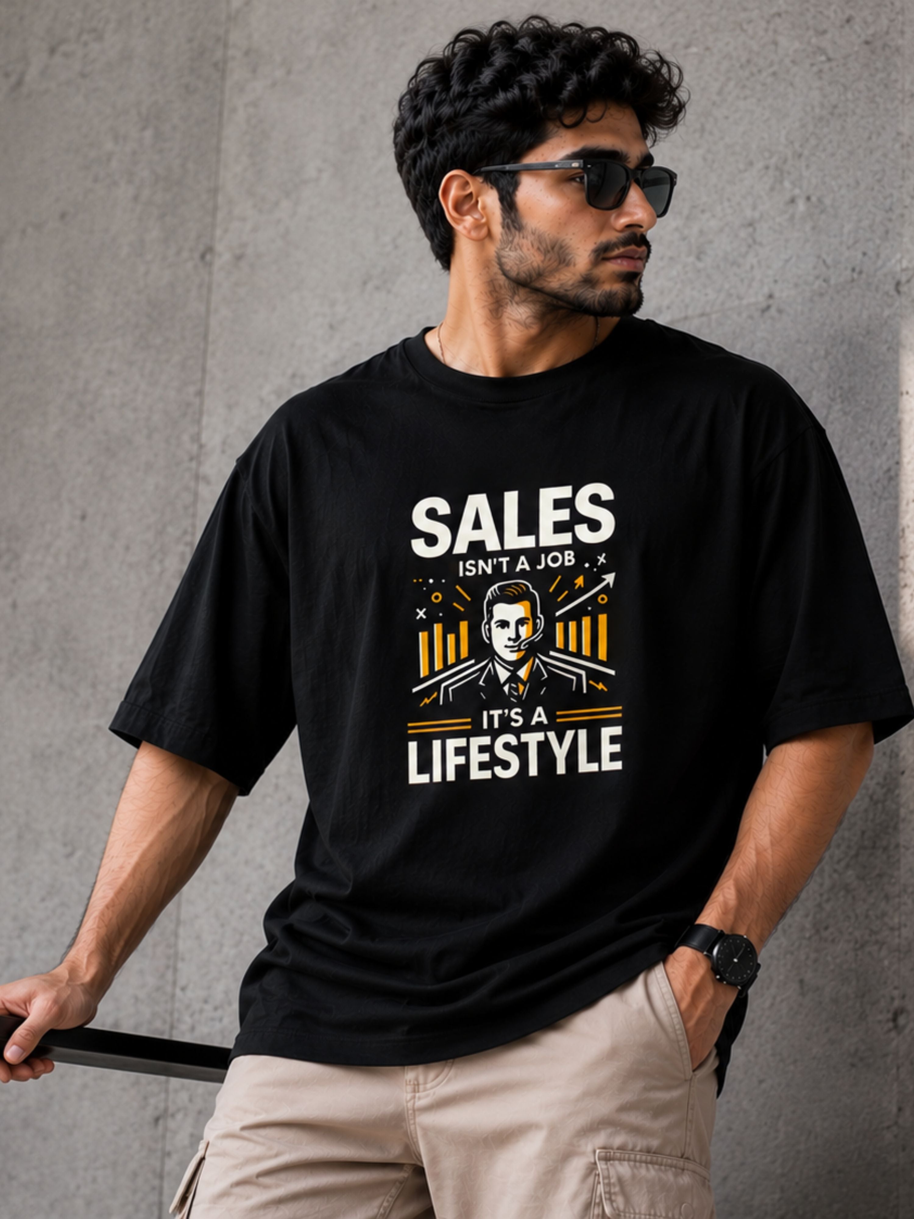 Sales Executive Oversized Tshirt For Men black with graphic design worn by man with sunglasses and beige pants
