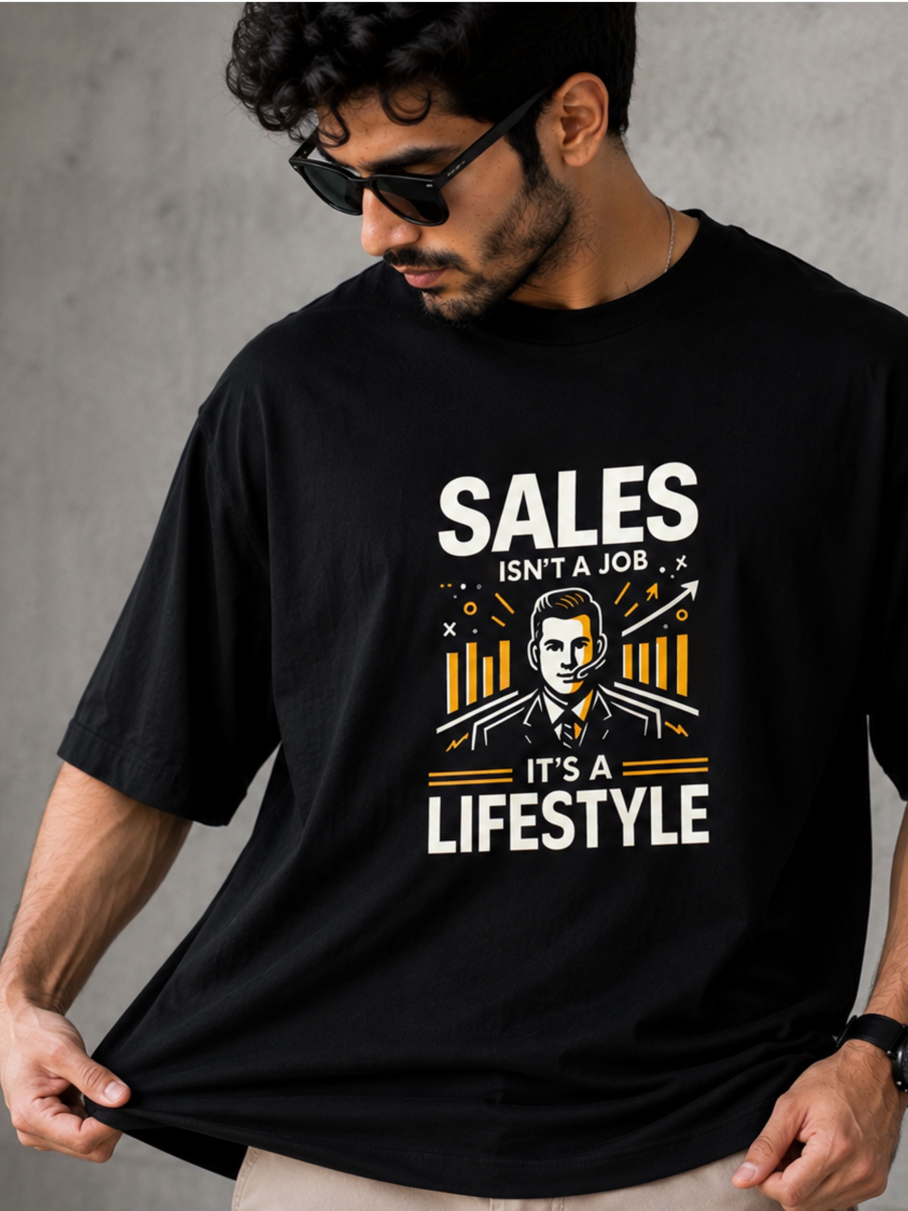 Sales Executive Oversized Tshirt For Men in black with sales lifestyle graphic print from Bandar Baant Collections