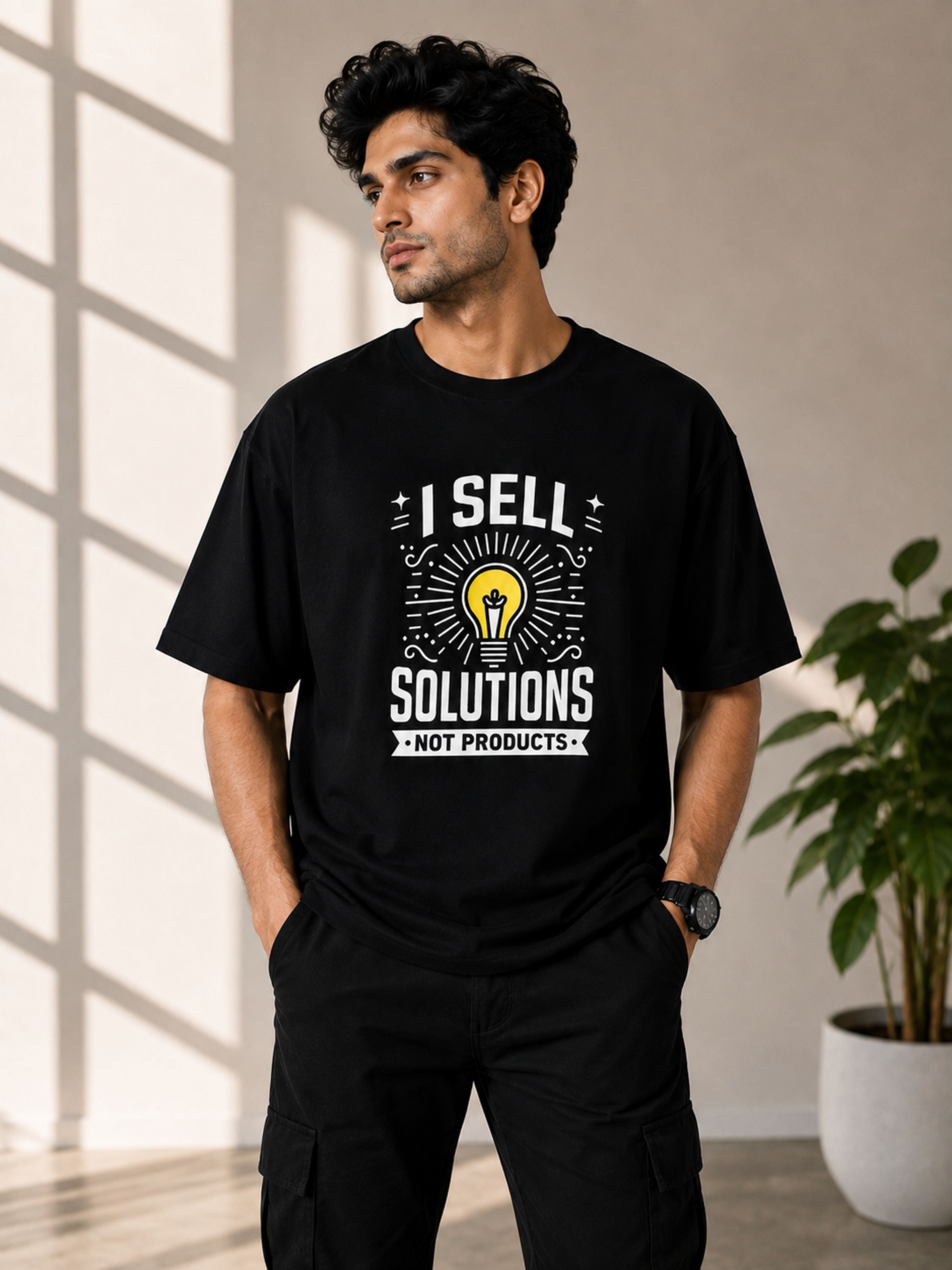 Sales Executive Oversized Tshirt For Men black with I Sell Solutions graphic from Bandar Baant Collections