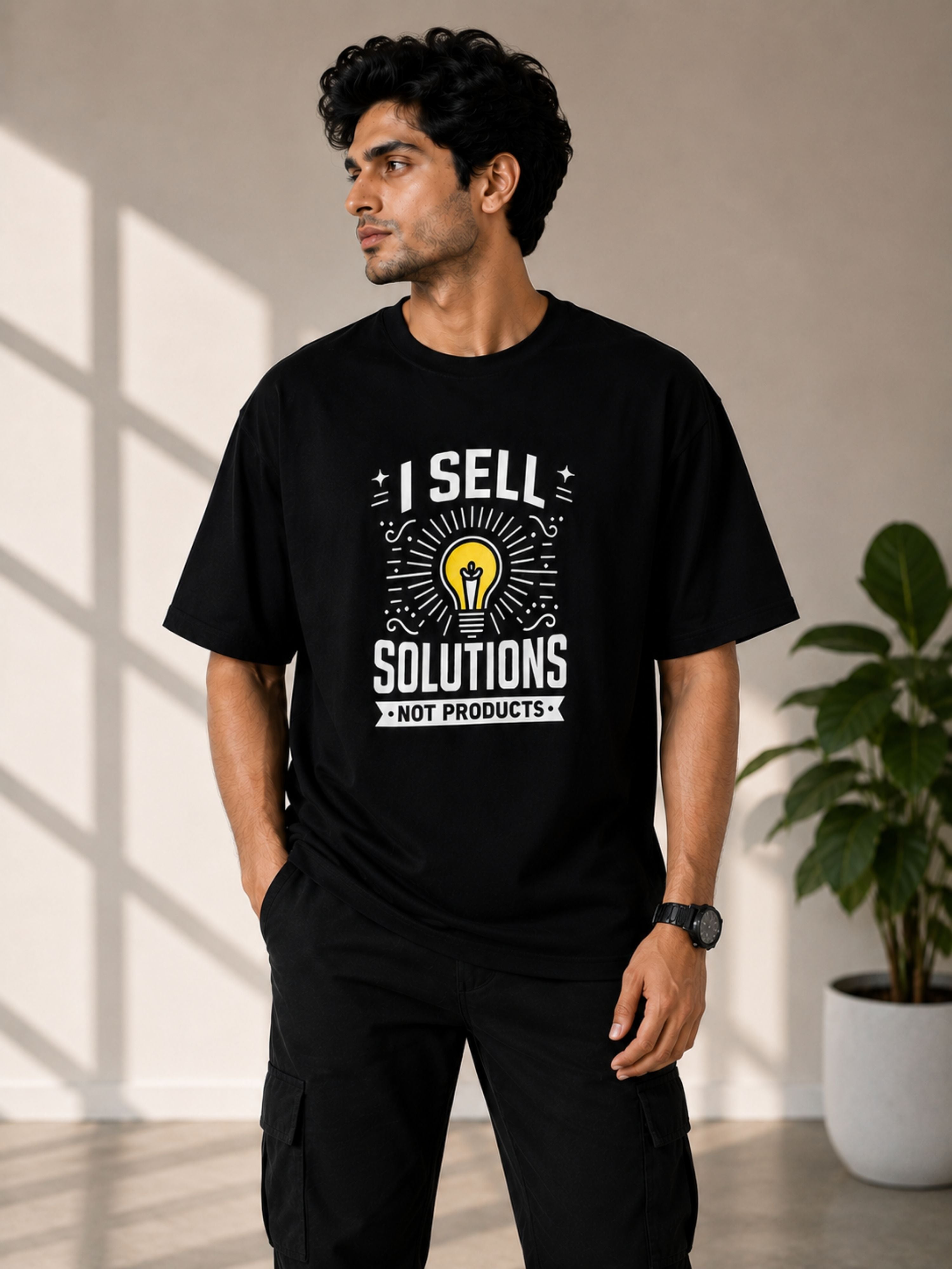 Sales Executive Oversized Tshirt For Men in black with I sell solutions graphic design