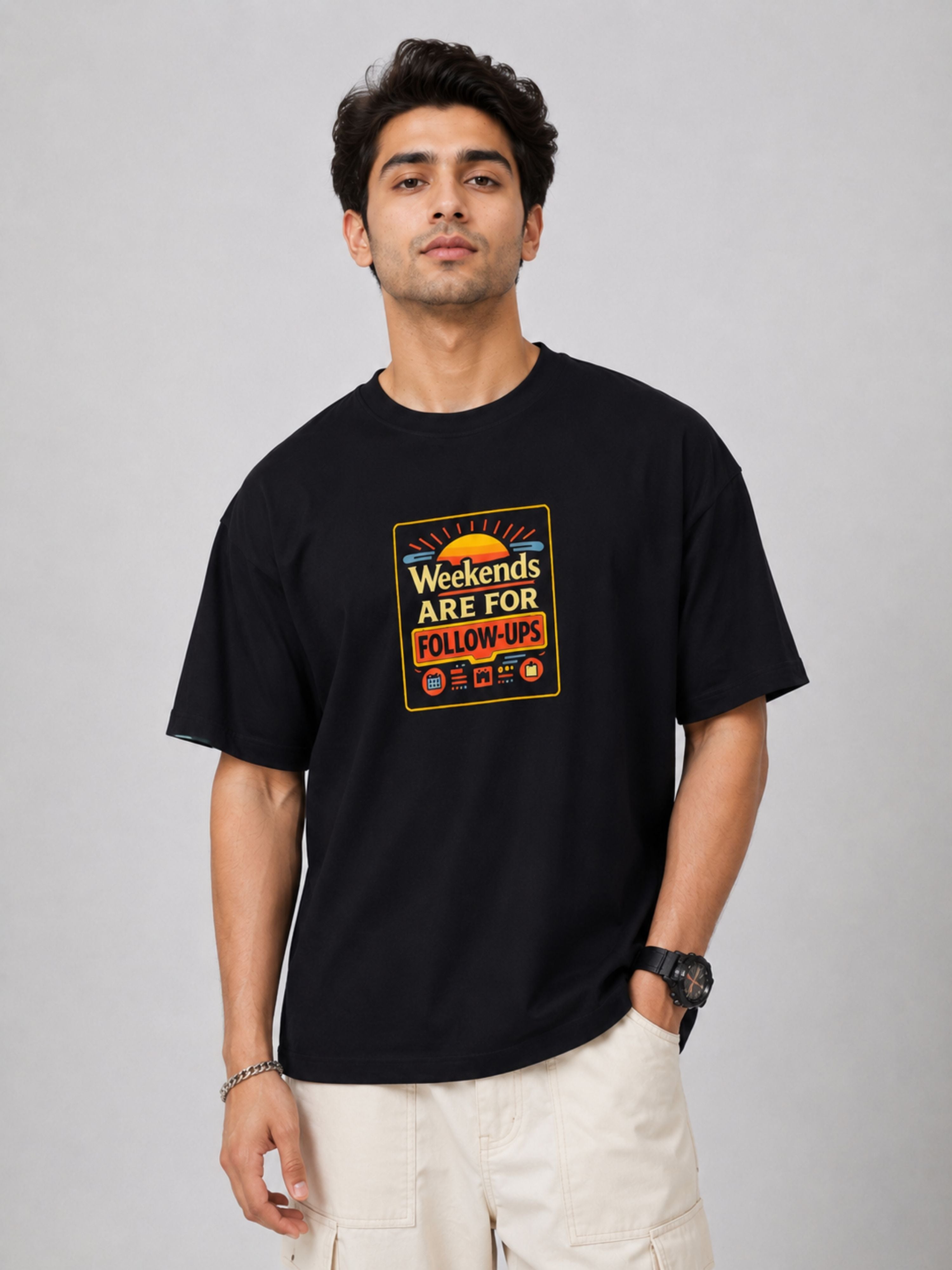 Sales Executive Oversized Tshirt For Men black with Weekend follow-ups graphic print by Bandar Baant Collections