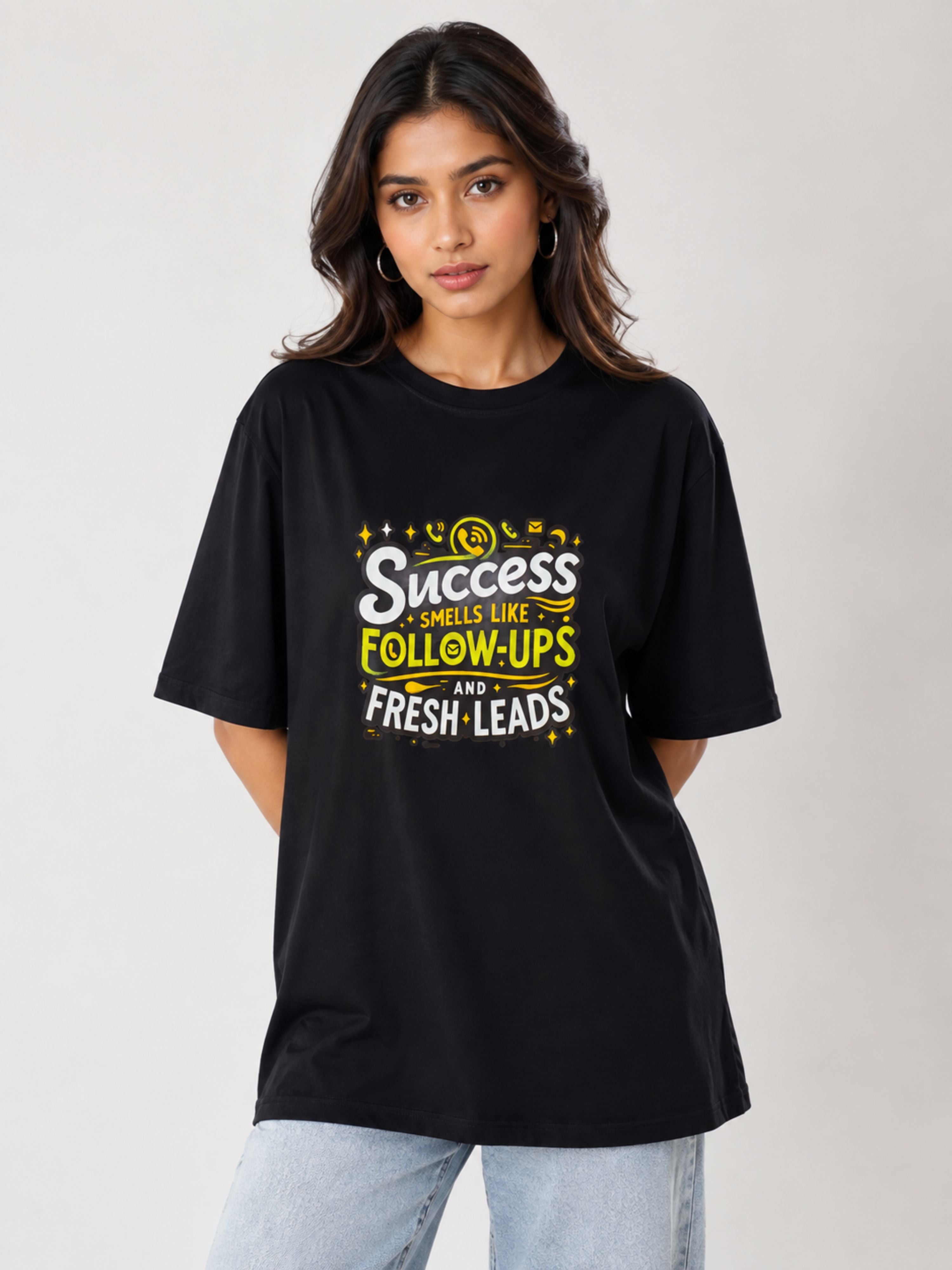 Sales Executive Oversized Tshirt for Women black with success print in yellow and white from Bandar Baant Collections