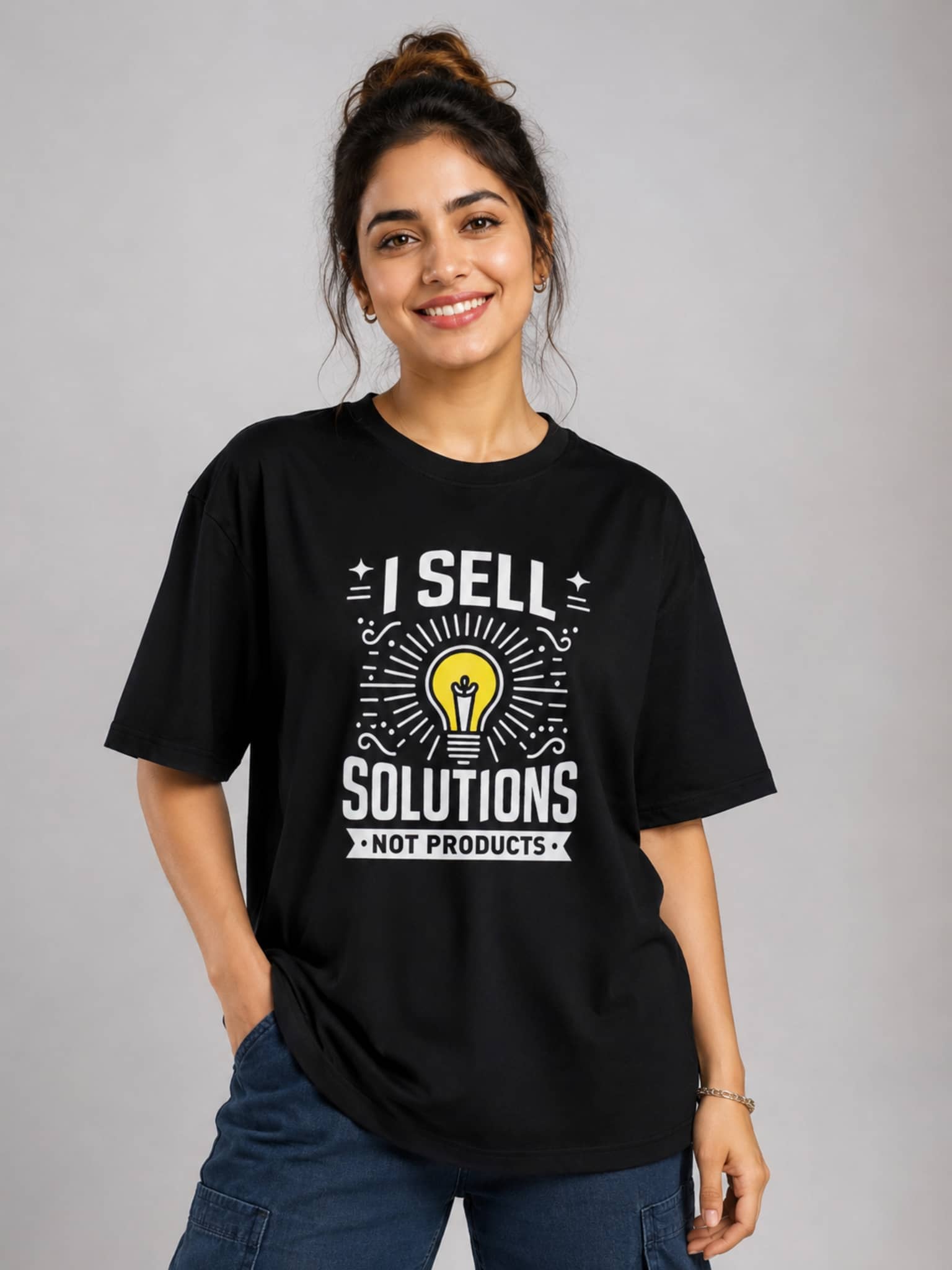 Sales Executive Oversized Tshirt for Women black with I sell solutions print from Bandar Baant Collections
