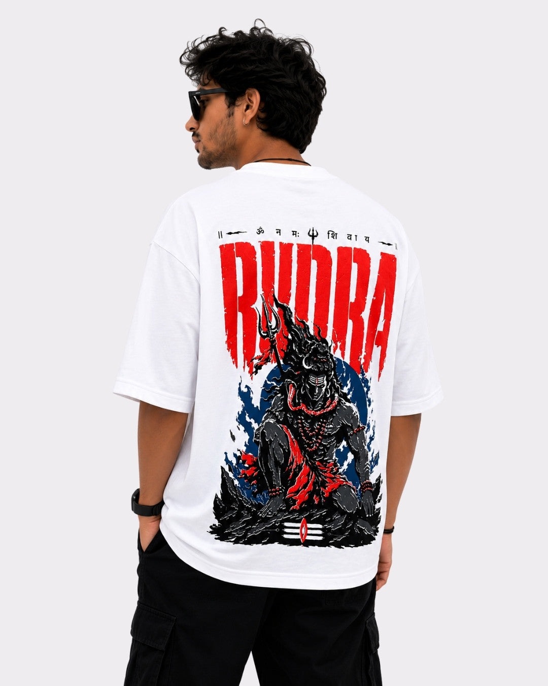 Sanatan Dharma OM NAMAH SHIVAY T-shirt For Men oversized fit white tee with bold Rudra graphic on back