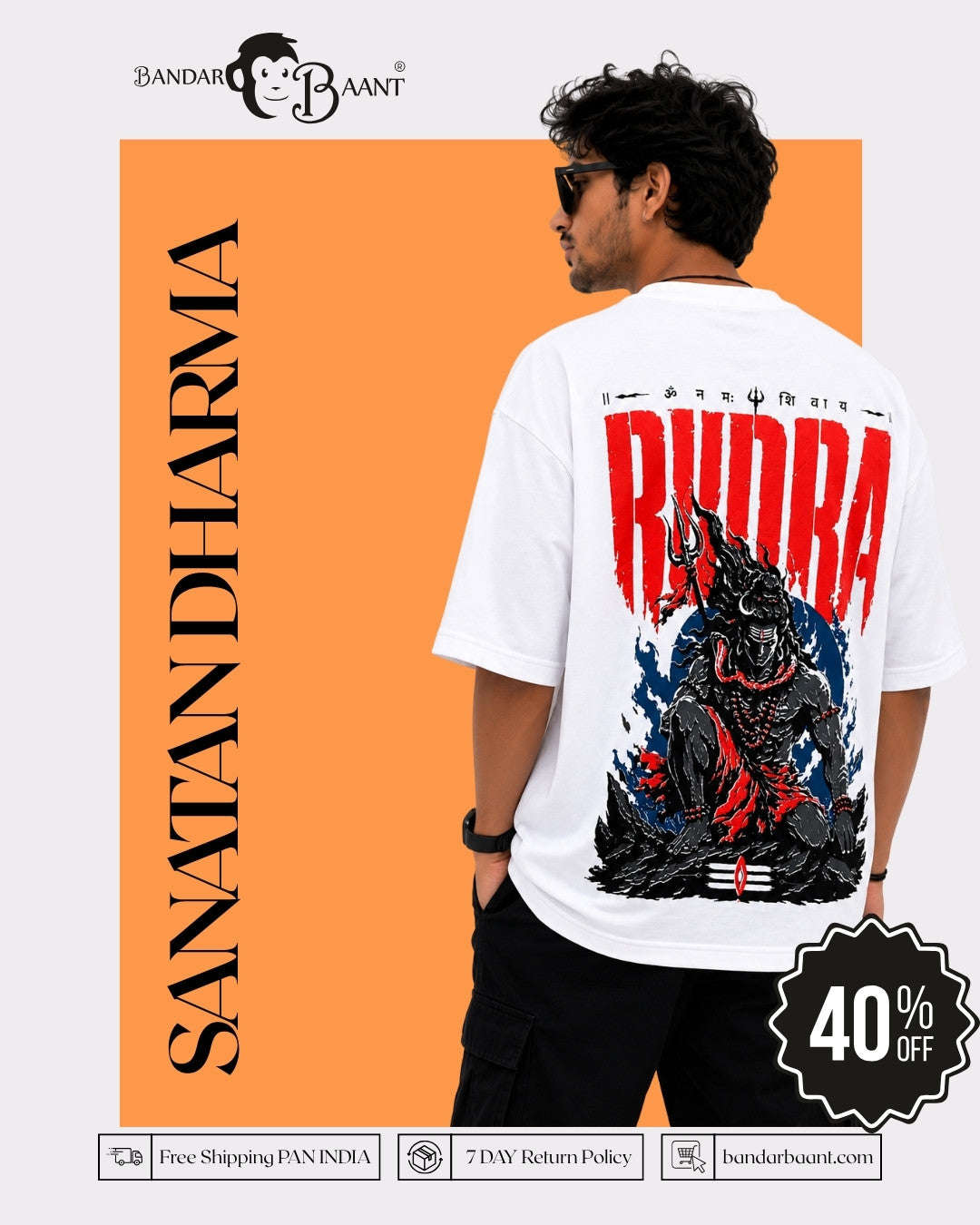Oversized fit Sanatan Dharma OM NAMAH SHIVAY T-shirt For Men with bold Rudra graphic on back by Bandar Baant Collections