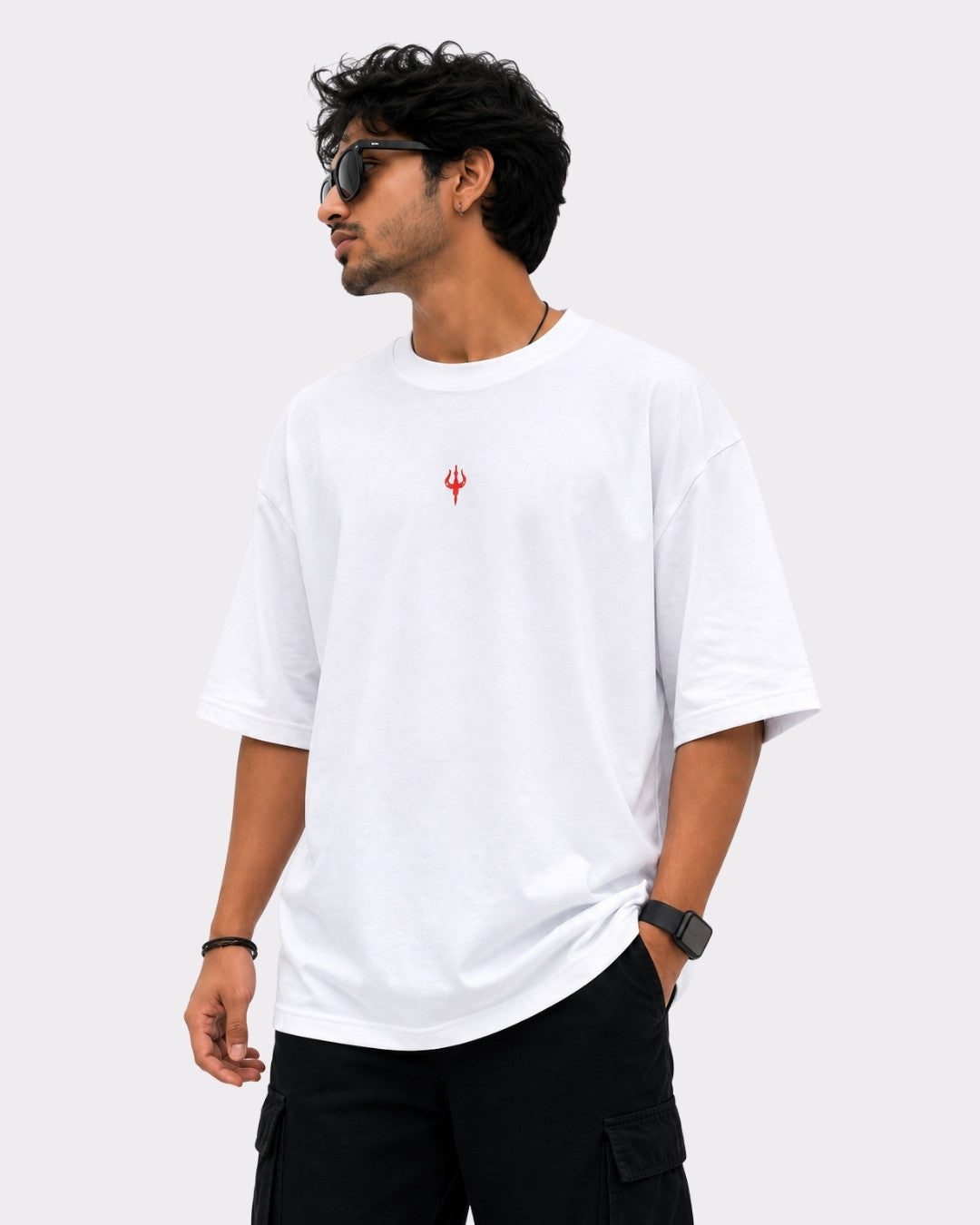 Sanatan Dharma OM NAMAH SHIVAY T-shirt For Men oversized fit white tshirt with small red trident logo