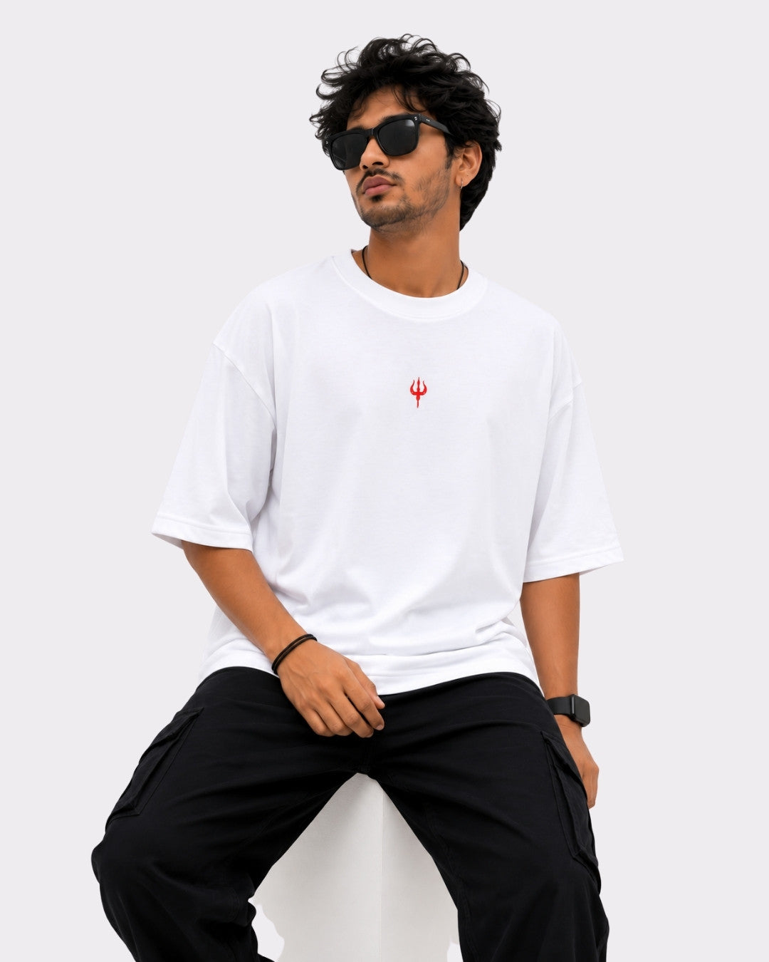 Oversized fit Sanatan Dharma OM NAMAH SHIVAY T-shirt For Men in white with small red trident logo